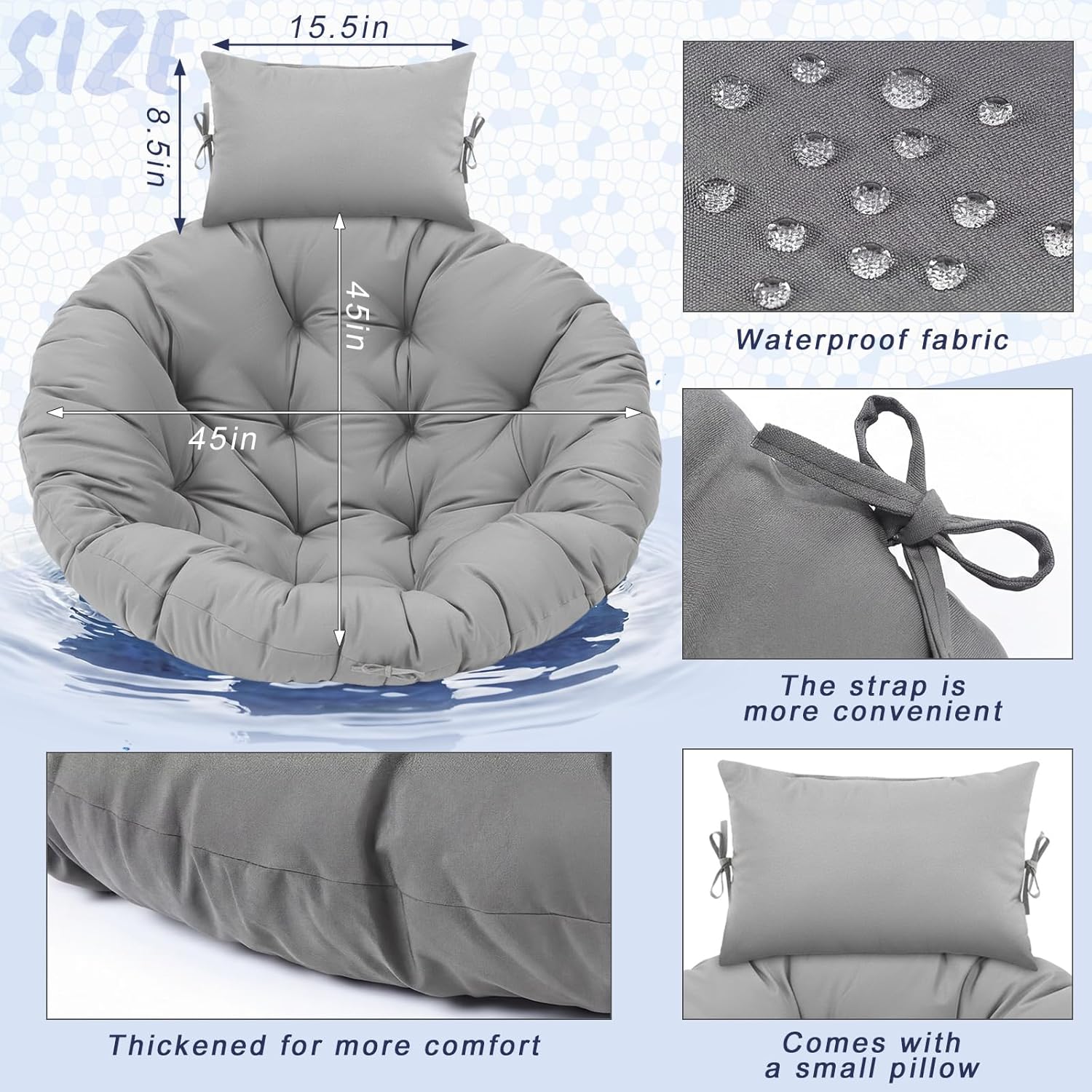 Tudomro Gray Egg Chair Cushion Hanging Basket Chair Replacement 45x45 Hammock Basket Swing Waterproof Cushion Hanging Swing Pads with Headrest for Indoor Outdoor Porch Backyard Patio Garden