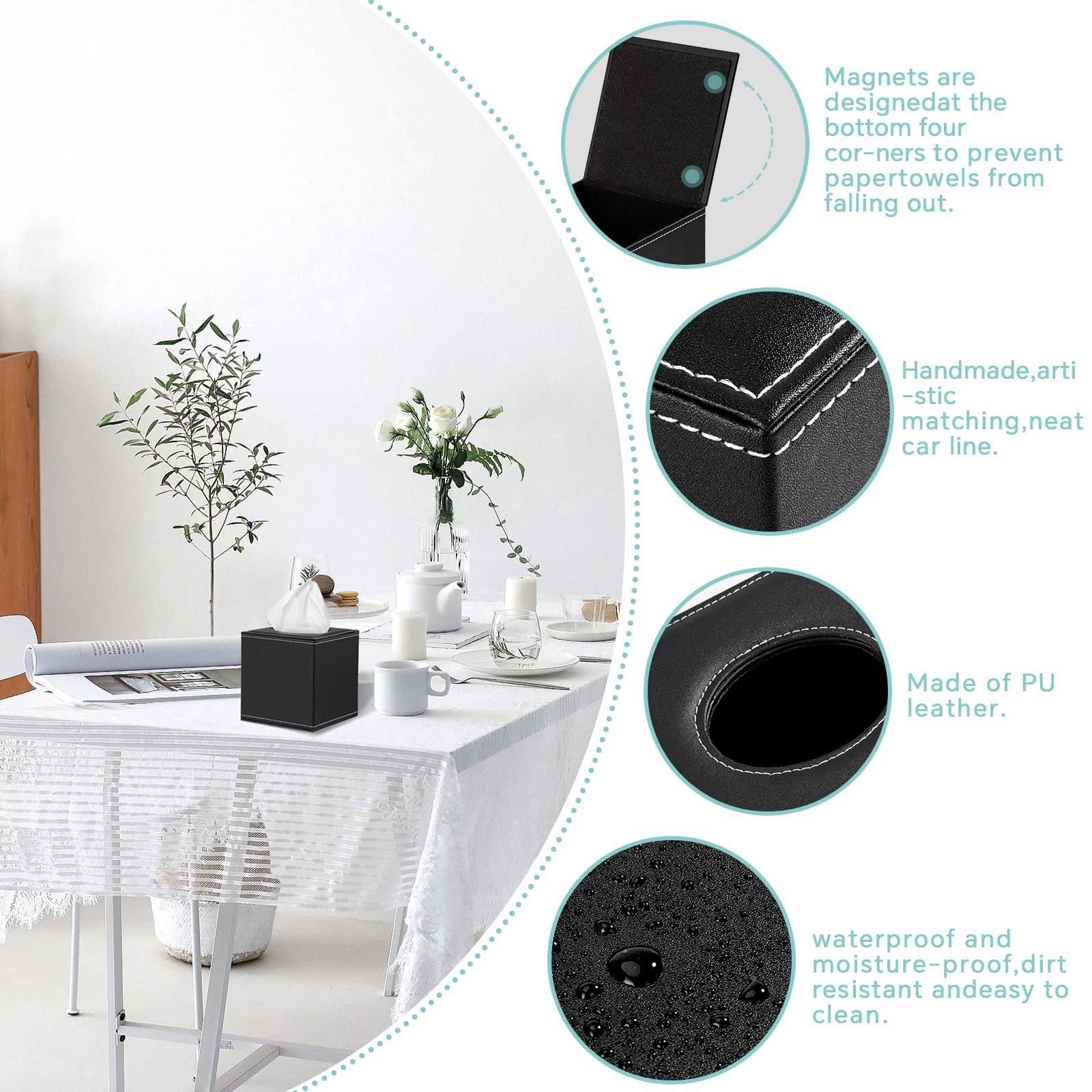 Porta Fazzoletti Elegante In Pelle PU – Scatola Copri Fazzoletti Quadrata Per Bagno, Camera E Ufficio (Nero)