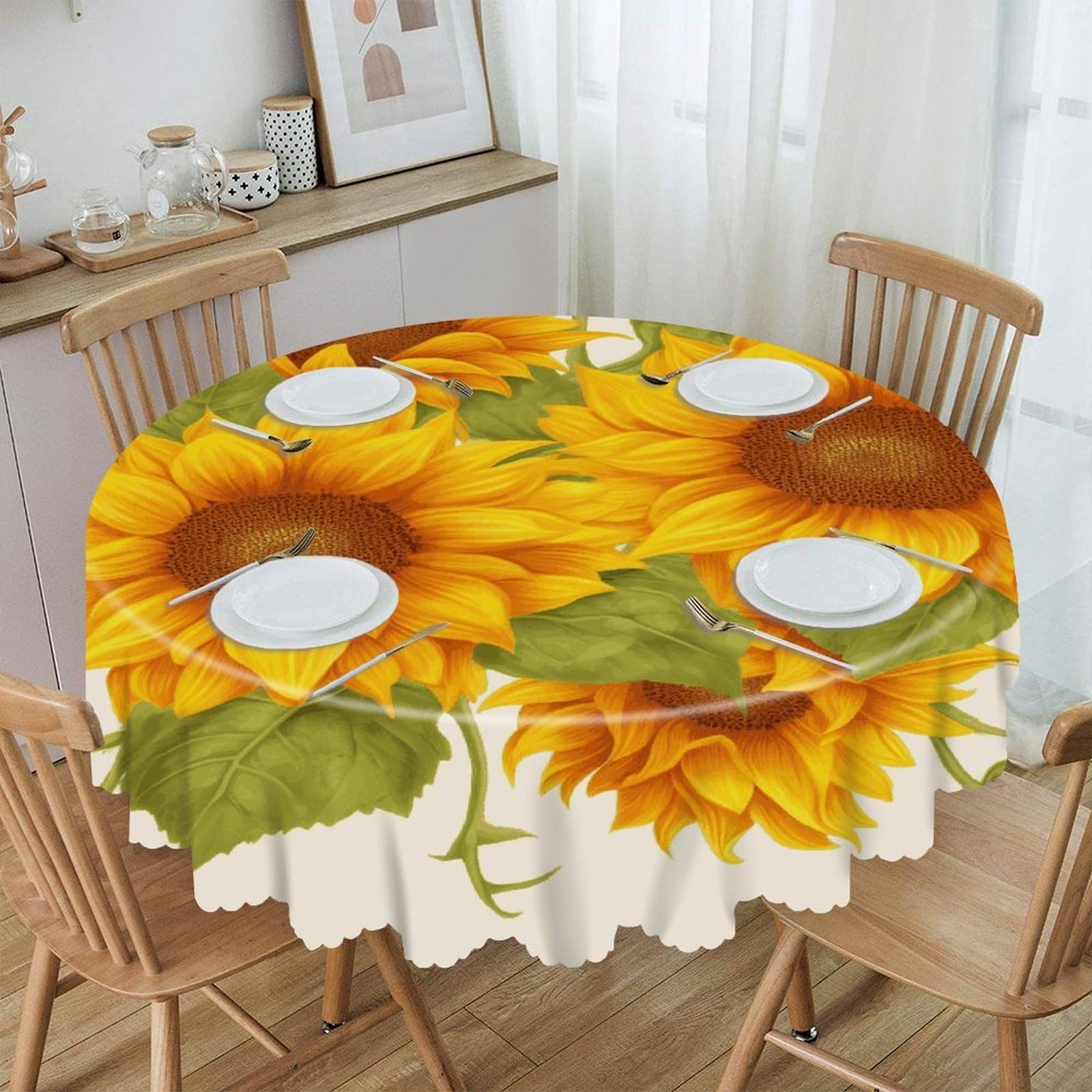 FekiLoot 60 Inch Round Fresh Sunflower Tablecloth Waterproof Heavy Duty Polyester Table Cloth Spill-Proof Wipeable Table Cover Decorative Circle Dining Tablecover for Party Outdoor