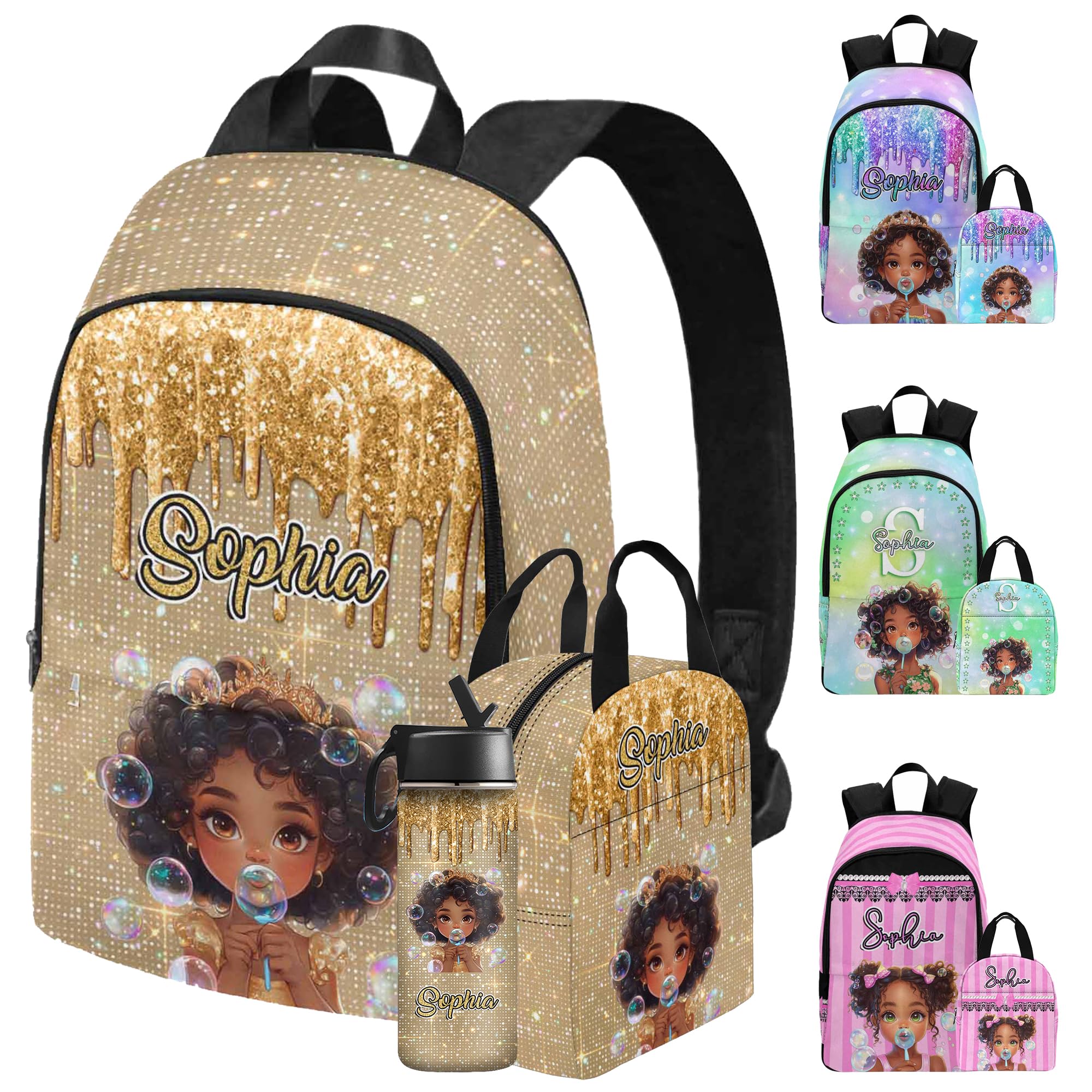 Personalized Backpacks for Girls Custom Gold Shining Afro Princess Backpack with Lunch Box for School Kids Customized Lunch Bag Bookbag with Name for