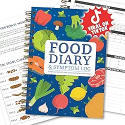 Diário alimentar e diário de sintomas para rastrear refeições, movimentos intestinais, sono, reações - tabela de fezes Bristol, diário para baixo FODMAP, IBS, alergias, intolerância - ceto, paleo