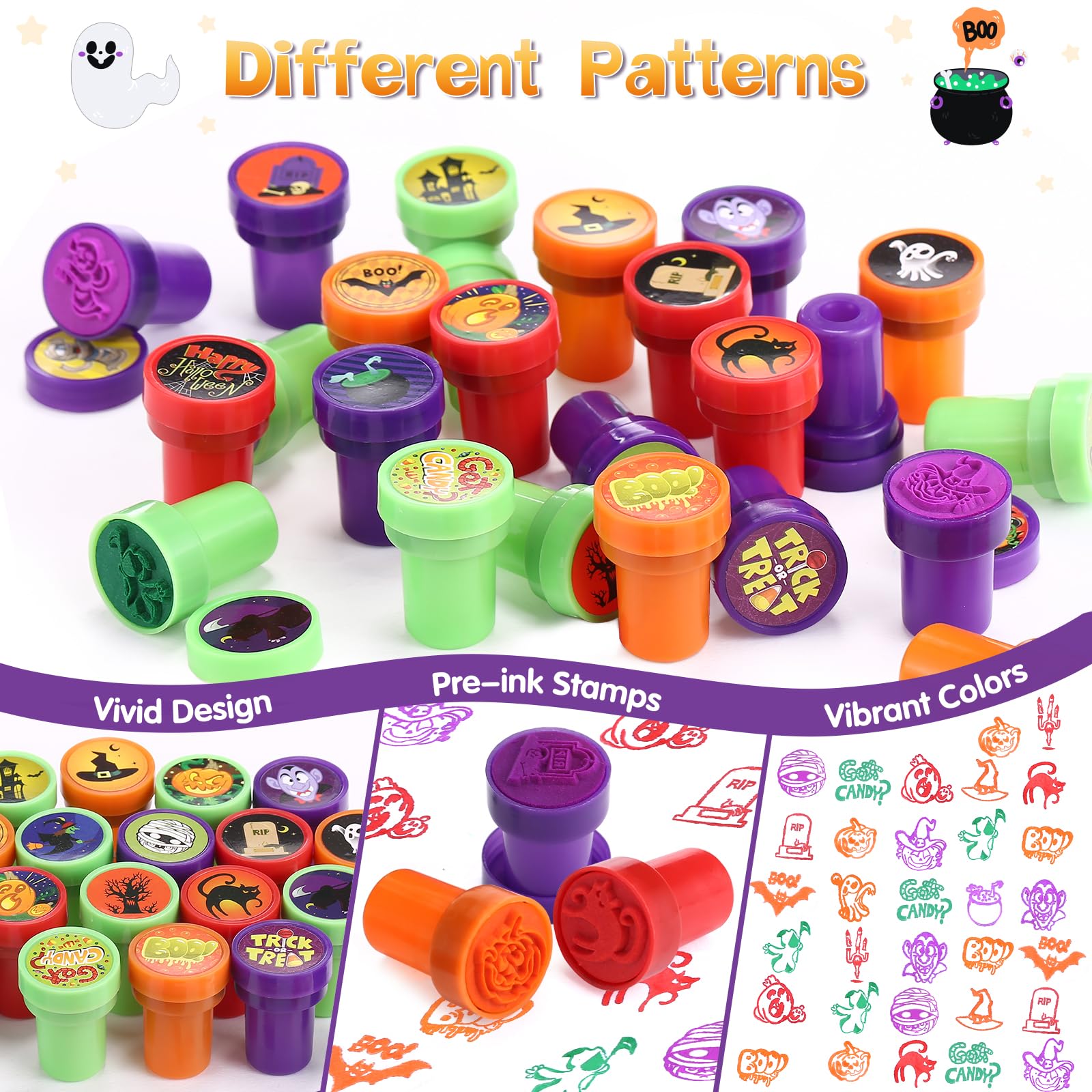 Timbri per Halloween per bambini, 50 timbri autoinchiostranti per bambini, set di timbri per feste di Halloween, giocattoli di Halloween