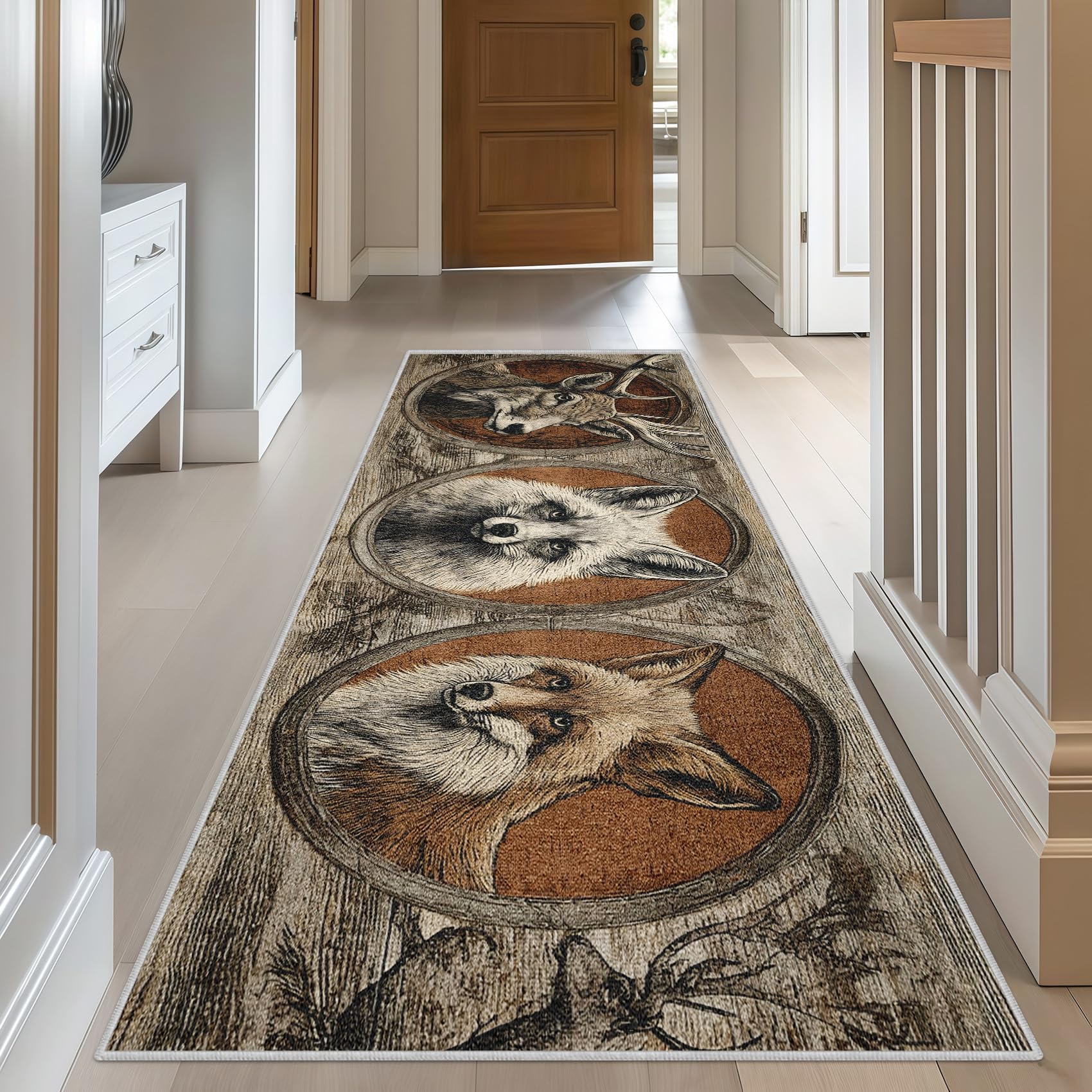Generisch Fuchs Hirsch Teppich Läufer Flur 60x180, Waschbar rutschfest Rustikaler Hütte Muster Teppichläufer, Weich Kurzflor Lang Flurläufer für Wohnzimmer Schlafzimmer Bettvorleger Küchen YD801