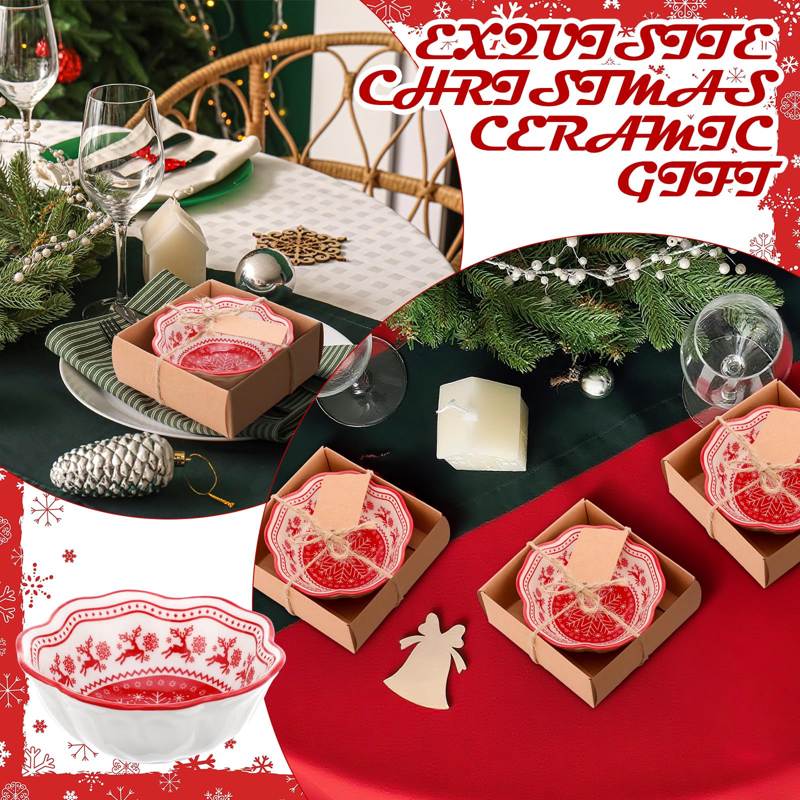 SiliFine 12-teiliges Weihnachtsgeschenk-Set für Gäste, kleine Keramik-Schüsseln, Großpackung, Geschenk-Set, 8,4 cm, Weihnachtsschneeflocke und Elch-Design, Mini-Dip-Schüssel, Saucenschale mit