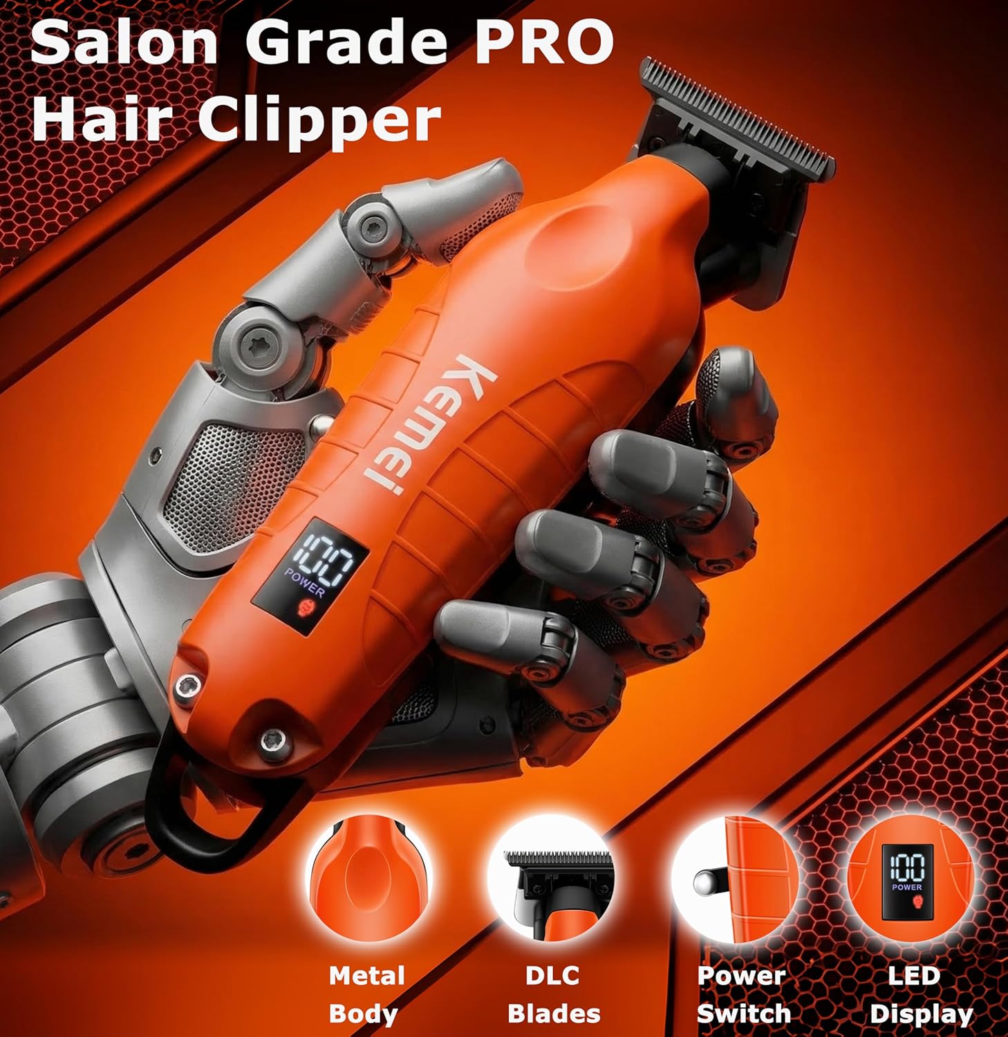 KEMEI 2293 Zero Gapped Hair Trimmer for Men, Cordless T Blade Beard Trimmer with LED Display, Professional Barber Hair Clippers, Orange