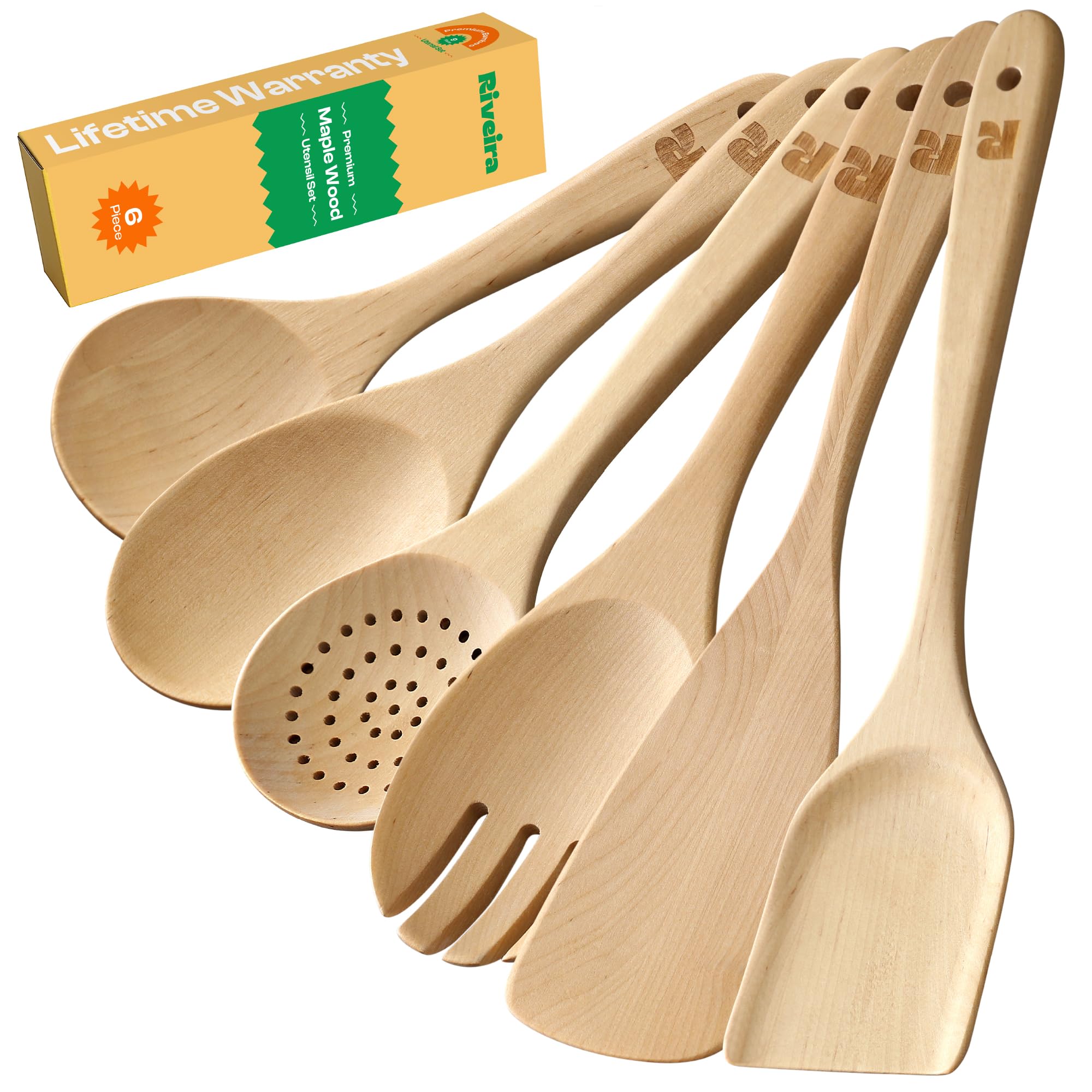 Riveira Maple Wooden Spoons for Cooking Set of 6 – Natural Maple Wooden Cooking Utensils, Wooden Spatula, Wooden Spoon - Premium Quality Wooden Utensil Set for Non-Toxic Cooking