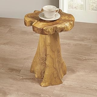 Greenage Teak Plant Stand Tree Stump Wood End Table 15.5" x 15.5" x 19.5" H Wooden Live Edge Side Table for Living Room Bedroom Home Decor Courtyard Wooden Coffee Table