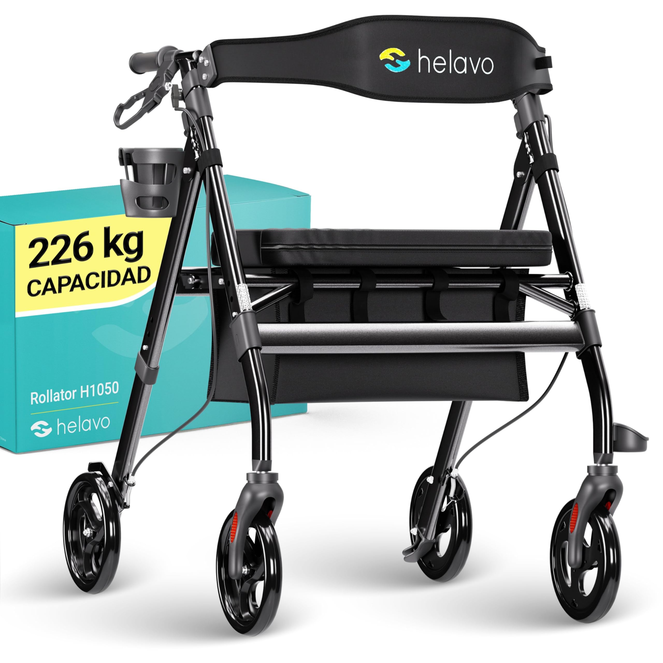 HELAVO andador para ancianos extra ancho con asiento grande y regulable en altura - Rollator plegable de gran resistencia fabricado en aluminio - Capacidad de carga de hasta 226 kg