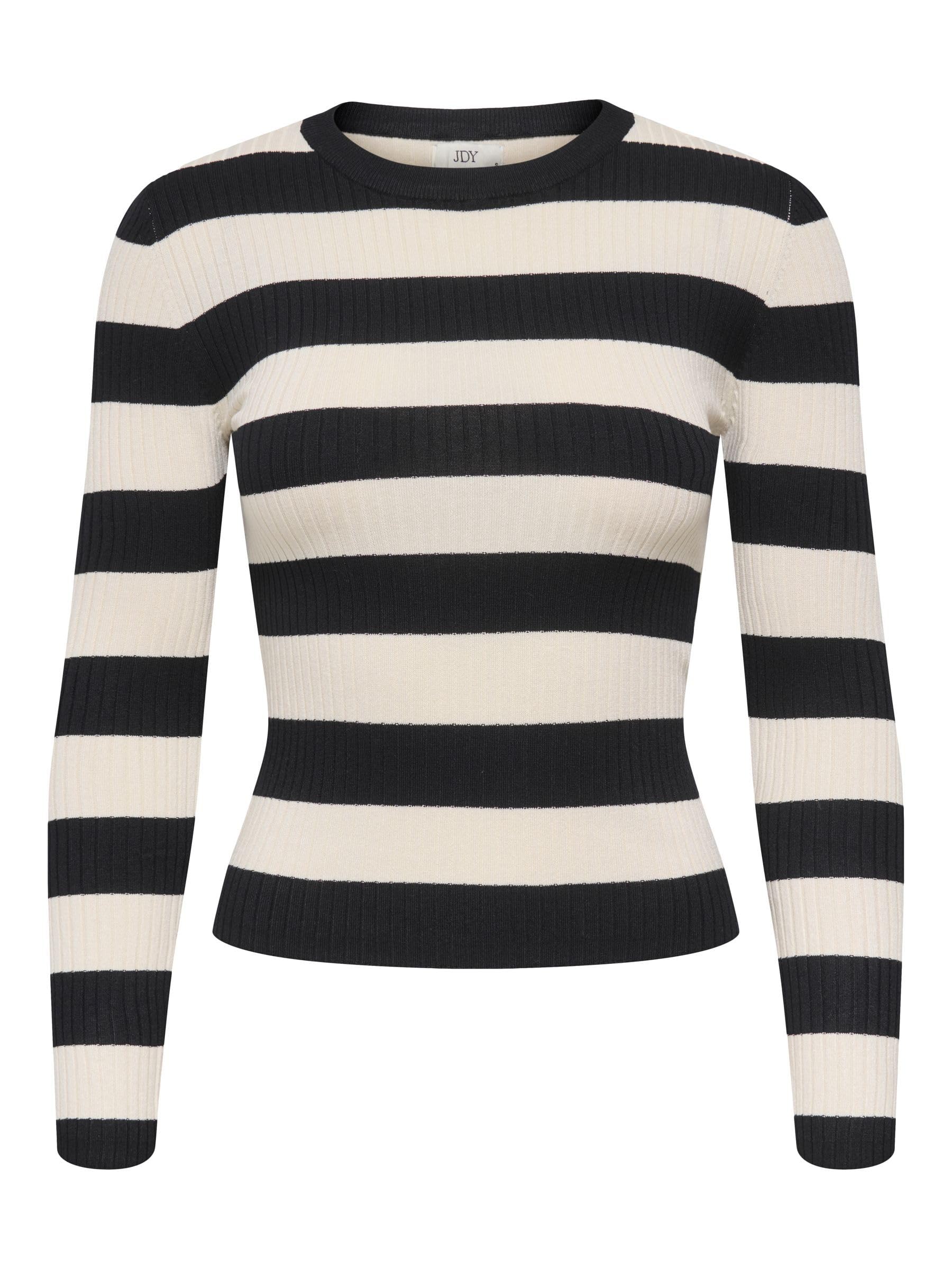 JDY Women's Striped Long Sleeve Knit Jumper Ribbed Casual Knit Sweater Top Black, Colours:Black, Size:XL