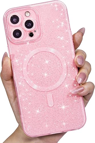 Funda para iPhone 15 Pro con purpurina compatible con Magsafe, bonita funda magnética brillante para teléfono para mujer, deslumbrante brillante y