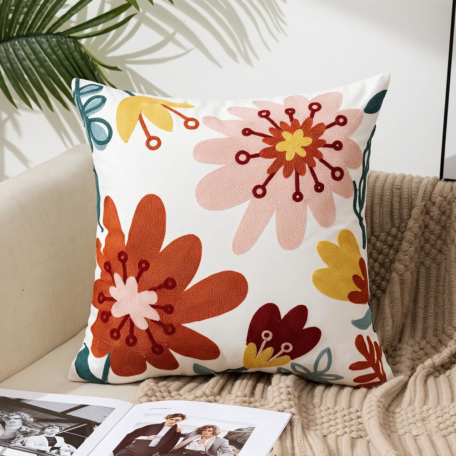 Fundas Cojín 45x45 cm Lote de 2 Bordado Floral Abstracto en Naranja Fundas Decorativas Boho-Chic para Sofá y Salón