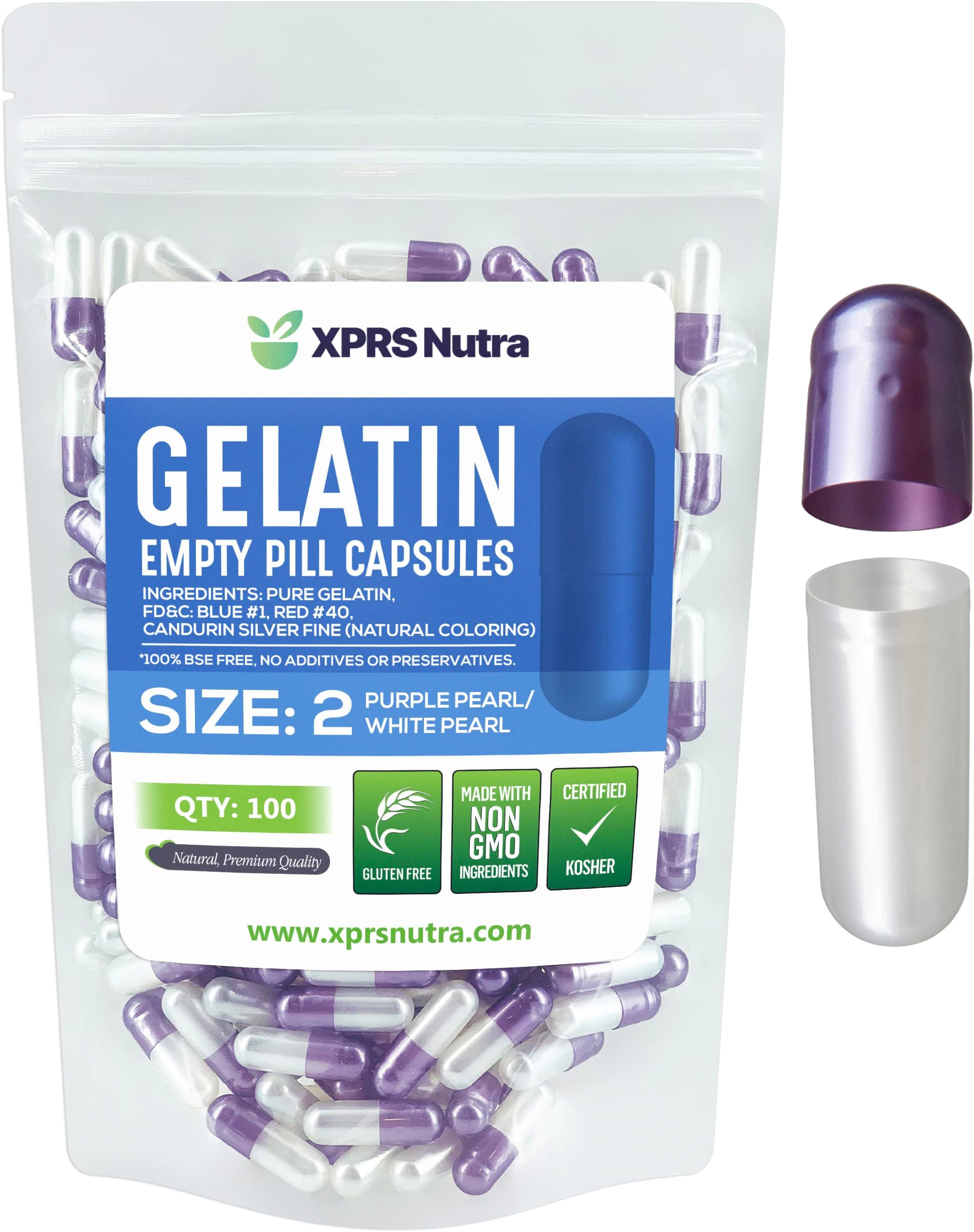 XPRS Nutra Size 2 Empty Capsules - 100 Count Empty Gelatin Capsules - Pills DIY Capsule Filling - Pure Bovine Pill Gel Caps for Do-It-Yourself Supplements (Pearl Purple/White)