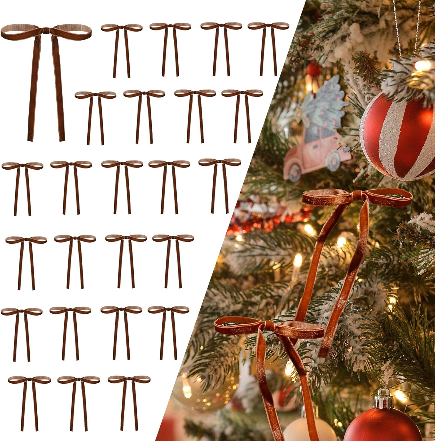 DiliComing Brown Velvet Christmas Tree Bows - 24 Pcs Brown Velvet 5 x 7 Inch Christmas Bows for Gift Wrapping Crafts Holiday Decor for Tree Garland Topper Wedding Party Home Decorations Indoor 24 Pcs - Brown 5 x 7 Inch