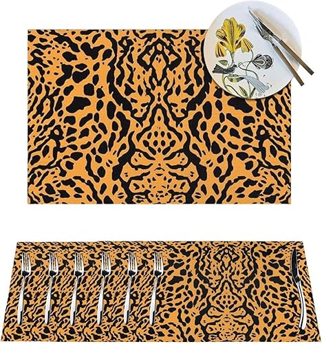 6 PCS PVC Placemats Set Place Mats Animal Print Pattern Non-Slip Weave Place Mats 12" x 18" Farmhouse Table Mat Set for Family Dinners Wedding