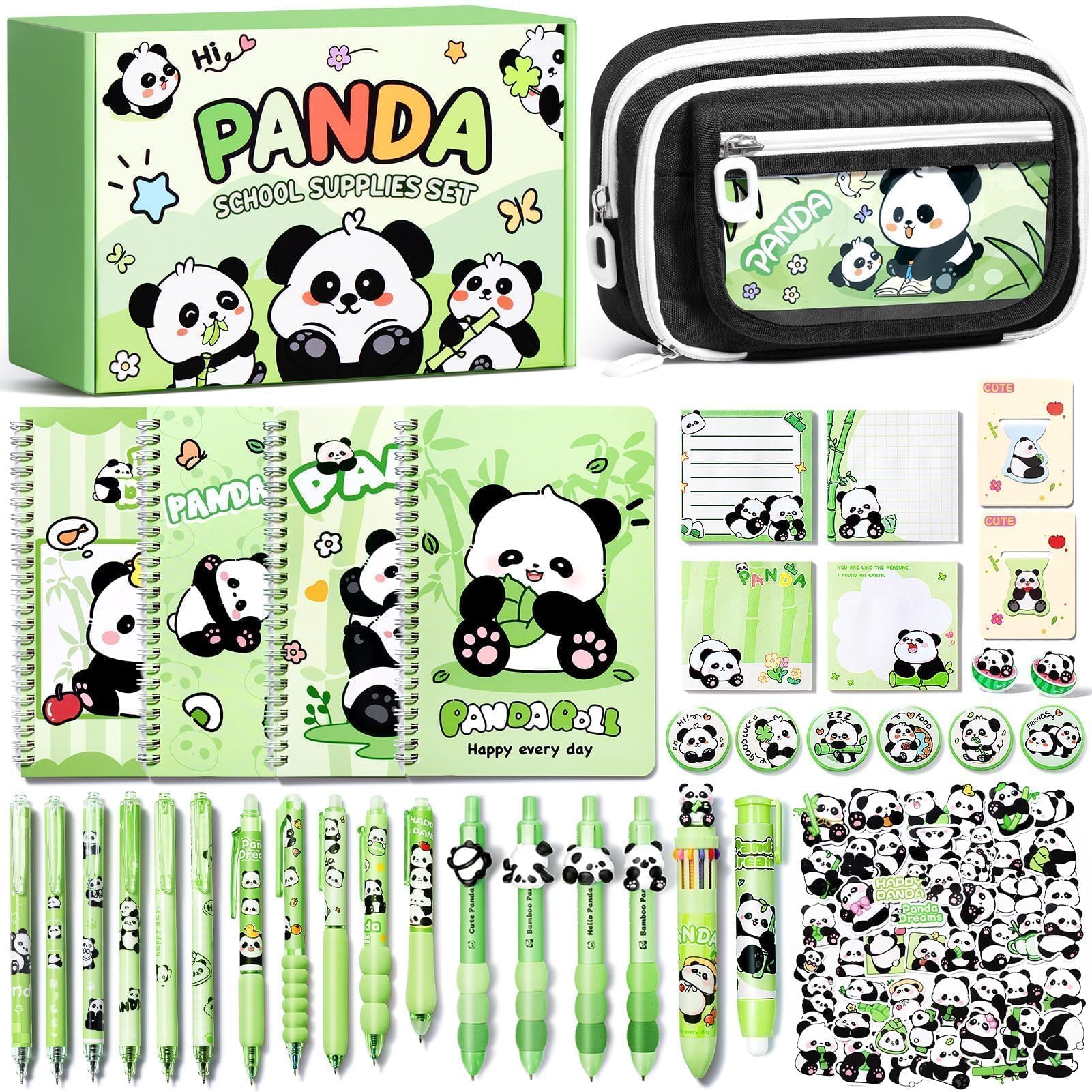 Kids School Supplies for Girls Age 5 6 7 8-12 13 14 Year Old, 36PCS Kawaii Tween Teen Girl Birthday Christmas Gift Cute Panda Stationery Set w/ Pencil Case Gel Pen Pencil Sticker Notebook Sticky Note