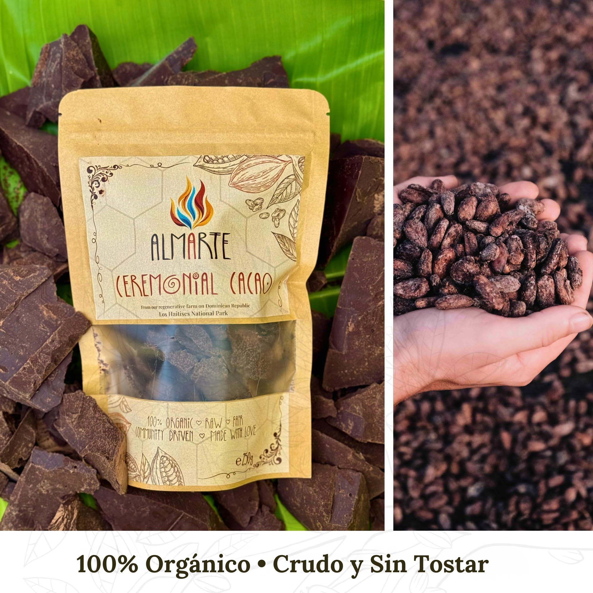 ALMARTE Cacao ceremonial, 250 g, 100% crudo y puro, República Dominicana | Medicina abridora de corazón | Single Origin Bio | Granja regenerativa | Teobromina Energía | Sustituto de café