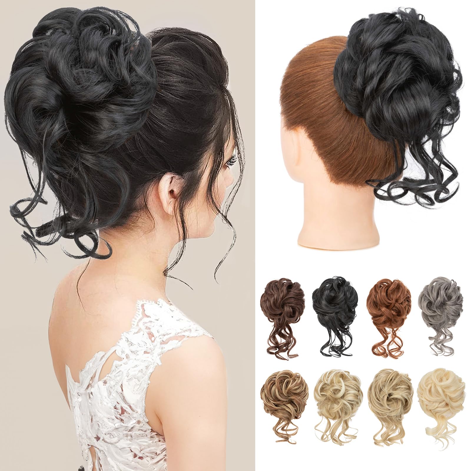 Benehair Messy Bun Hair Piece Wavy Curly Claw Clip Hair Bun Extensions Synthetic Hair Bun Donut Accessories Scrunchies Black Hair Pieces for Women(Black