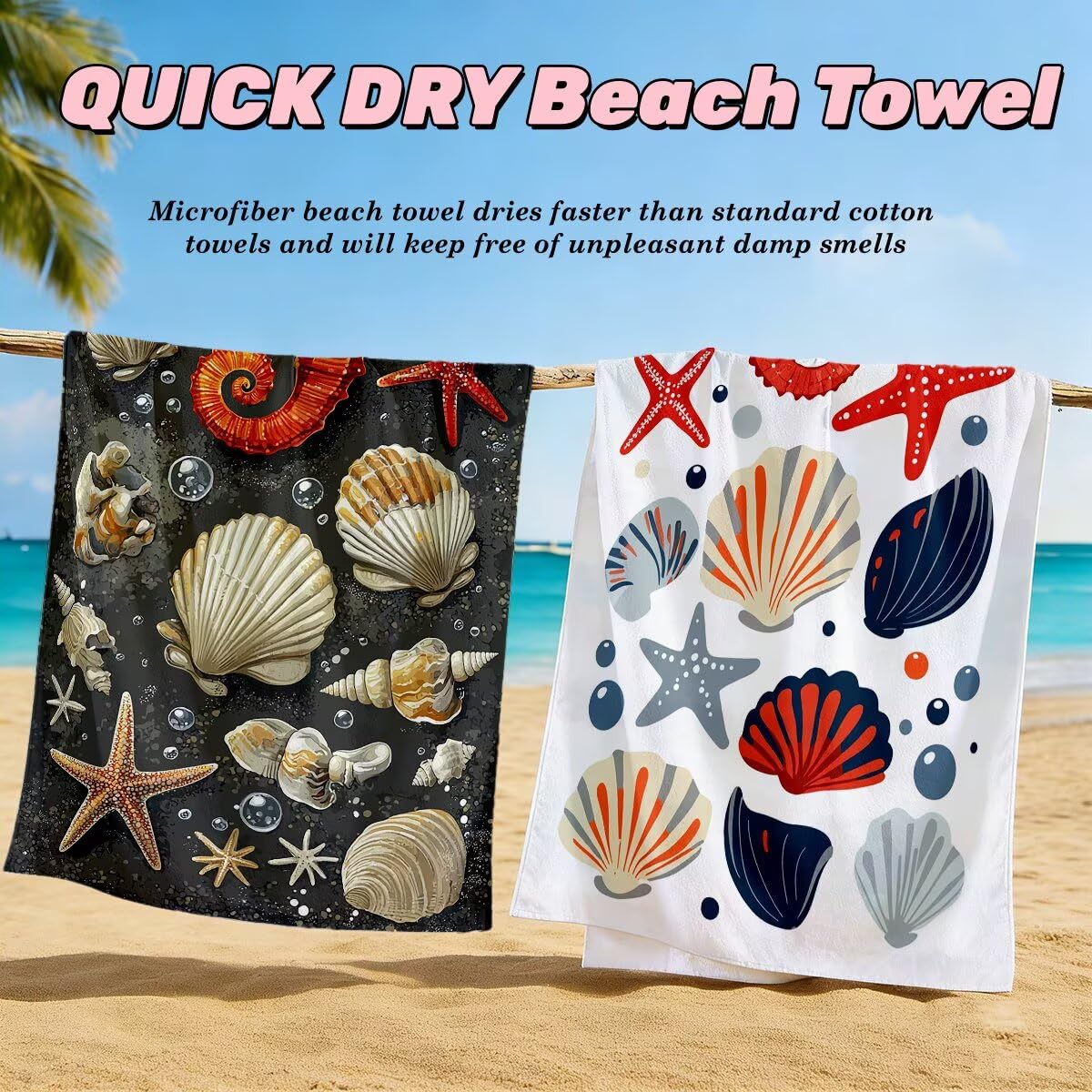 Toalla Playa 90x180 cm, Toalla Gimnasio Microfibra Secado Rapido, Juego de 2 Antiarena Toallas de Playa, Ligera Compacta Toallas Microfibra Grande para Viaje, Regalo Mujer Hombre (Caballito Mar) -4927