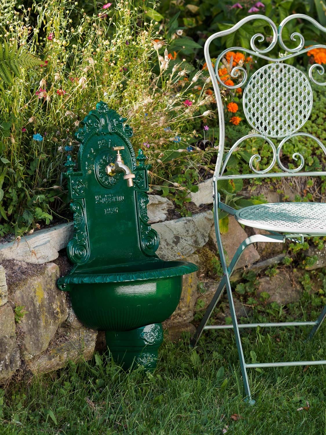 Brunnen Wandbrunnen grün Aluminium Waschbecken im Nostalgie Antik-Stil 72cm