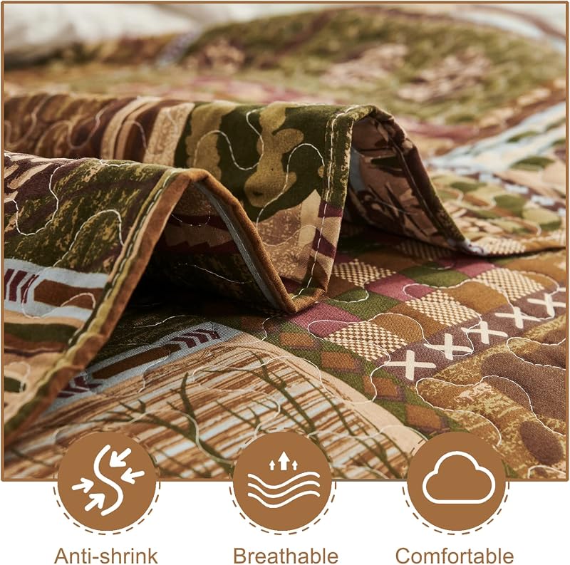 Lodge Bedspread Twin Size, Rustic Cabin Quilt Sets Moose Bear Bedspread Coverlet Patchwork Plaid Bedcover Reversible Wildlife Printed Quilted Bed Set Brown Bed Cover Farmhouse Country Decor (68"x 86") image 4