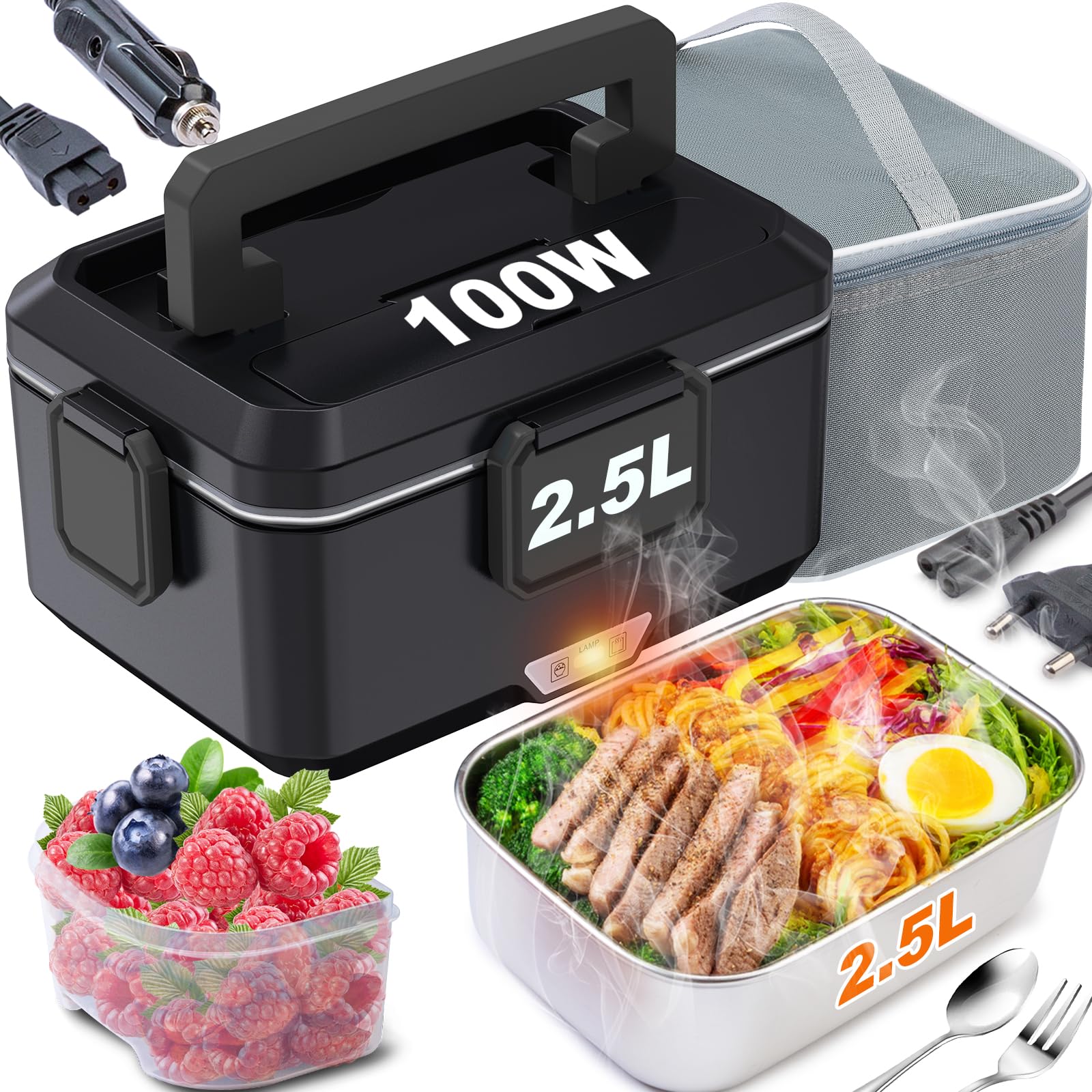 Gamelle Chauffante 2,5L 100W Lunch Box Chauffante Boite Chauffante Repas Acier Inoxydable Détachable pour Voiture Camion Bureau 12V/24V/230V avec Sac(2.5L-Noir)