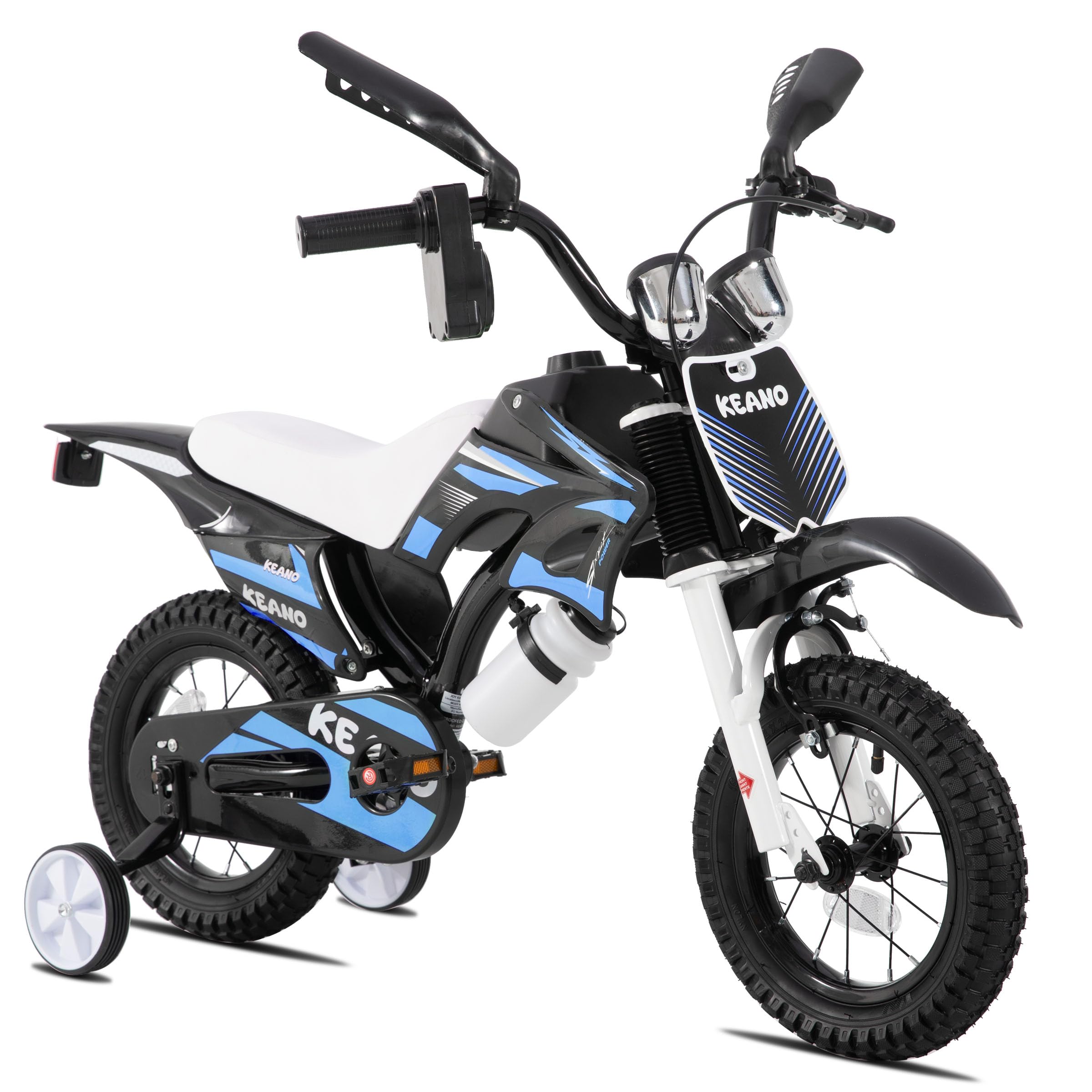 KEANO Estilo Bicicleta Infantil Motocross para niños y niñas de 3 a 7 años, con Ruedas de 12 y 16 Pulgadas, ruedines y matrícula, Bicicletas Infantiles en Color Negro