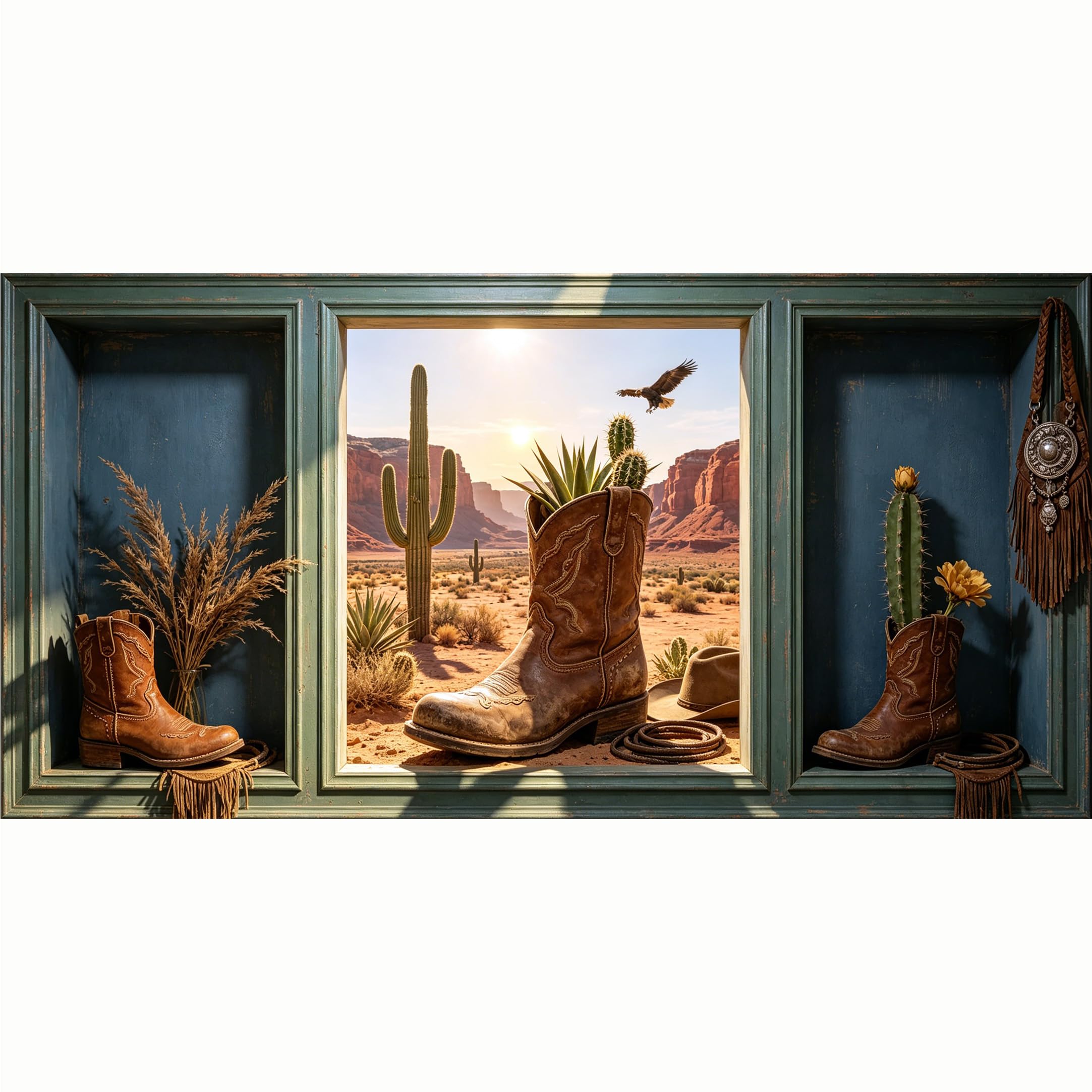 QZLITHOTIC 50x100cm 3D Framed Wall Art， Western Desert Cowboy Boot Cactus Landscape SelfAdhesive Mural， WaterActivated Peel & Stick Fabric Decor Wall Decal for Bedroom Living Room