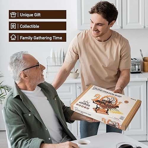 Miniatura 7 de ROKR Rompecabezas de madera 3D para adultos, construcción de 3 horas, barco dragón vikingo con luces LED, kits de modelo para adultos para