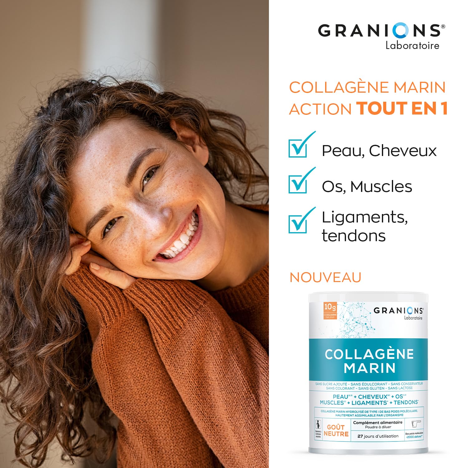 COLLAGENE MARIN Poudre - Saveur Neutre - GRANIONS Collagène N°1 en Pharmacies - 10 g Par Jour - Vitamine C et Collagene Articulations - Collagene Poudre - 27 jours