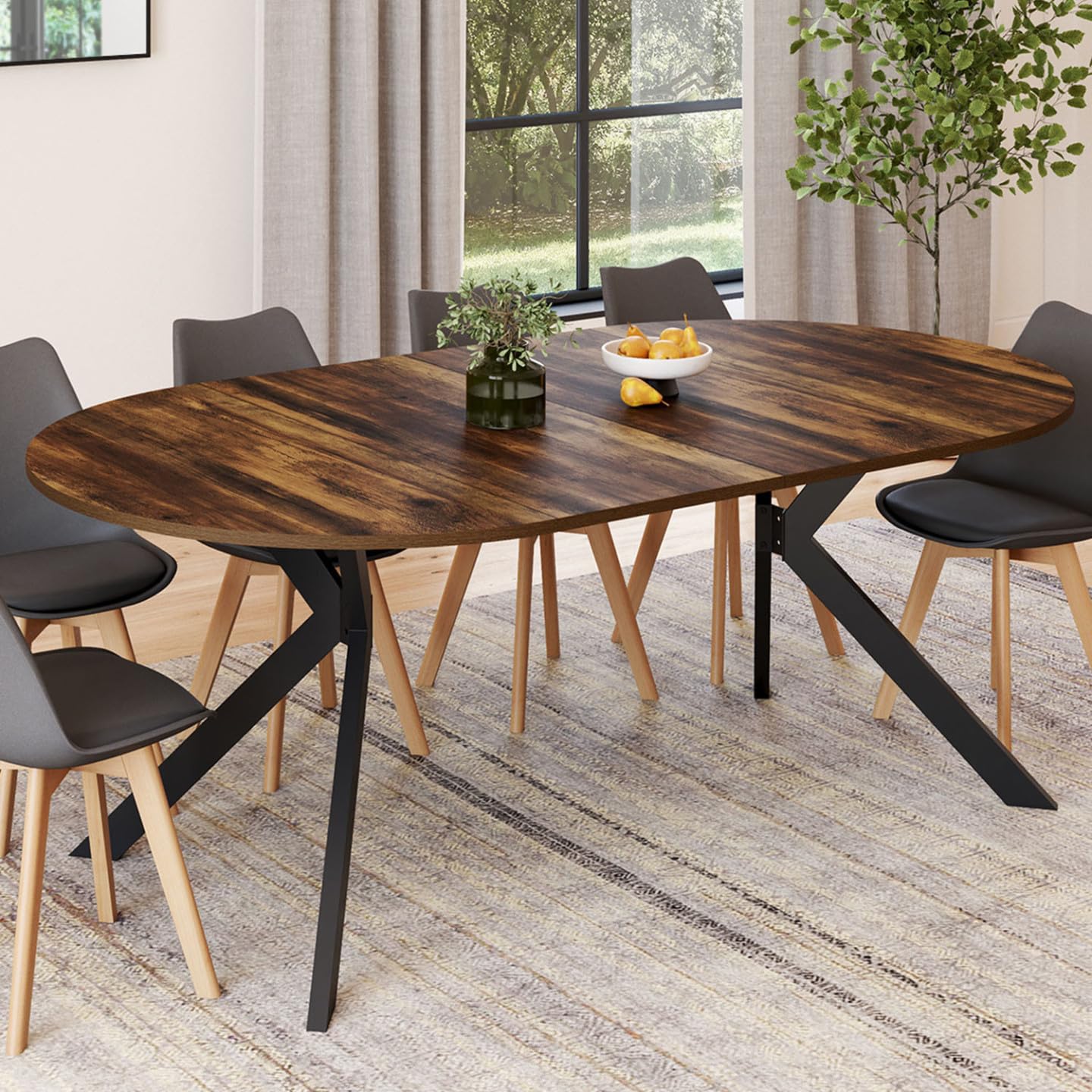 IDMarket – Mesa de comedor extensible redonda Alix 4-10 personas, pie araña negro y bandeja madera oscura Hawkins 110-200 cm