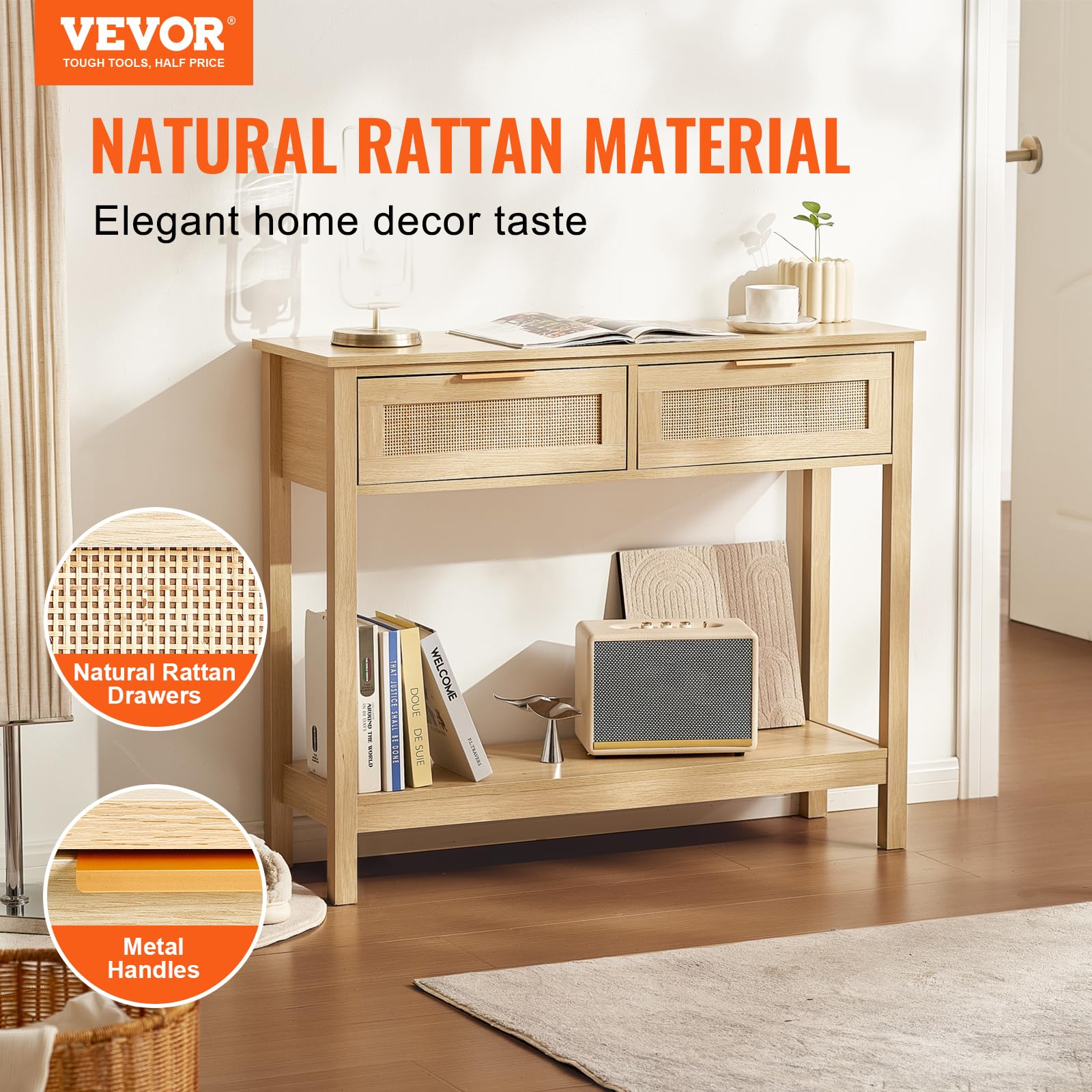 VEVOR Tavolo Consolle in Rattan con 2 Cassetti Portaoggetti, Tavolo Ingresso con Porta Scorrevole in Rattan Naturale, Tavolo Consolle Divano per Soggiorno, Studio, Ingresso o Parete TV, Naturale