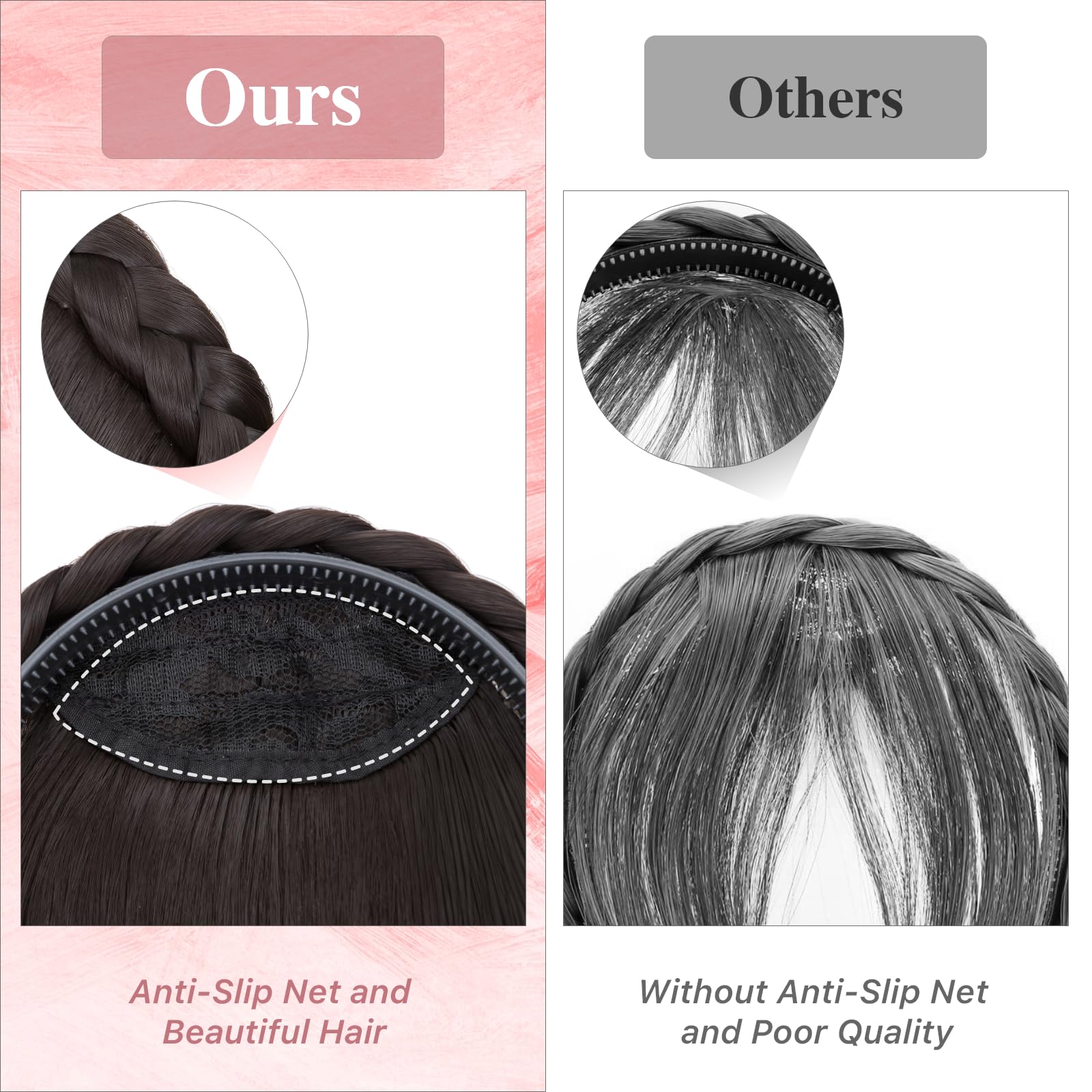 Benehair Headband with Bangs Synthetic Plaited Hair Headband with Natural Fringe Medium Brown Hair Piece for Women Girls(Medium Brown - Image 4