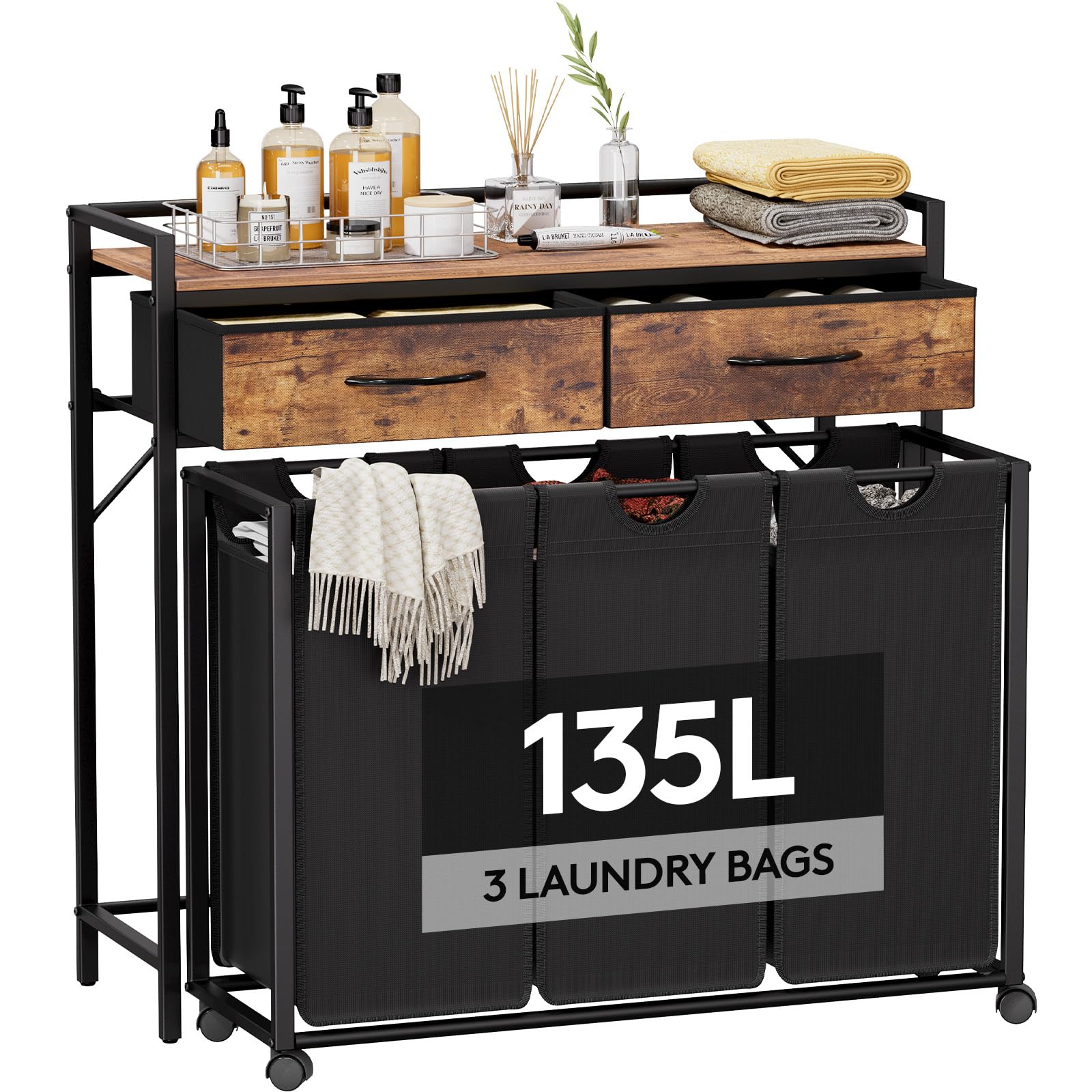 Lifewit Cesto Ropa Sucia con 3 Compartimentos, Grande Laundry Basket 135L con Estantes y 2 Cajones, Almacenamiento de Cesta con Ruedas y Bolsa Extraíble para Baño Lavandería, Marrón Rústico y Negro