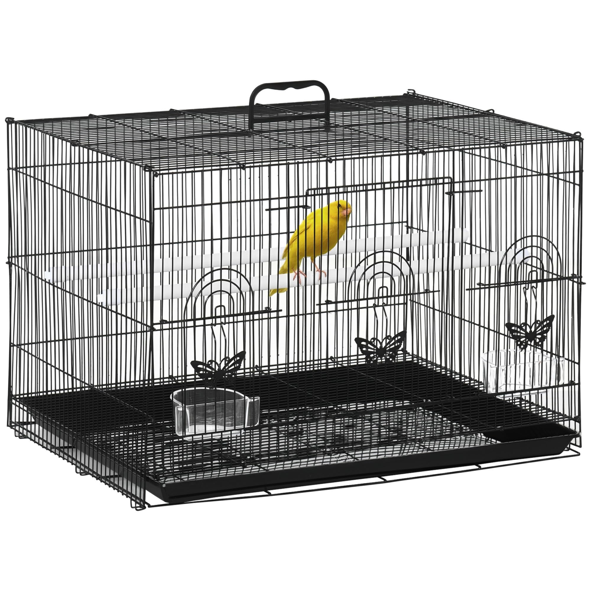 PawHut Jaula para Pájaros 60x41x41 cm Pajarera de Metal con Comederos 2 Perchas 3 Puertas y Asa de Transporte para Pájaros Pequeños Canarios Cotorras Negro