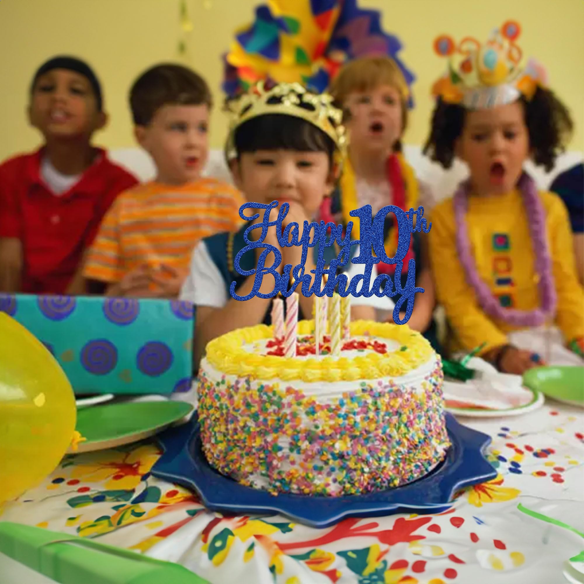 Gyufise 1Pc Happy 10th Birthday Cake Topper Blue Glitter 10th Birthday Cake Pick Cheers to 10 Years Old Ten Fabulous Cake Decorations for 10th Birthday Theme Party Supplies 3