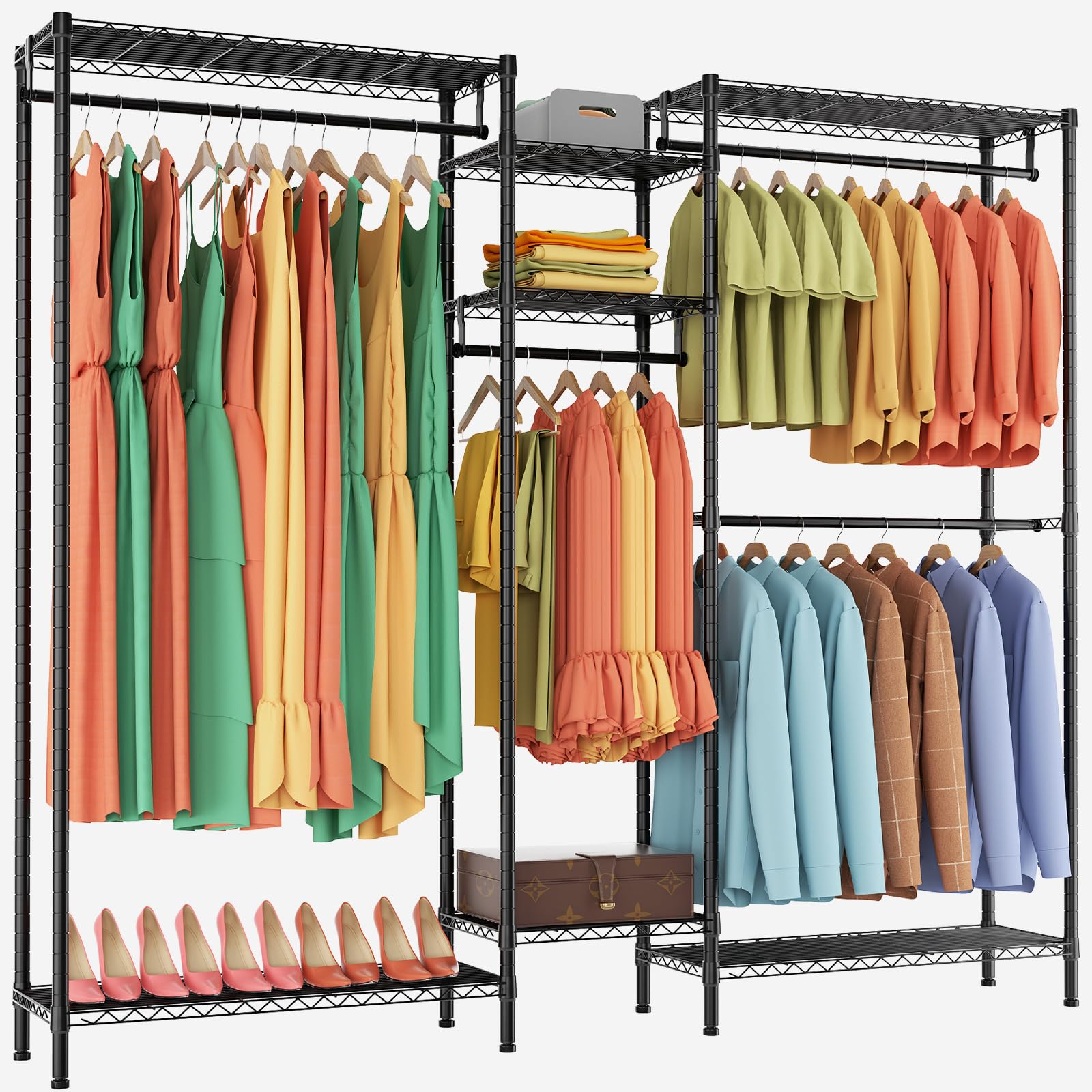 Golpart Portable Closet Organizer Heavy Duty Clothes Rack for Hanging Clothes,Freestanding Closet Rack w/ 4 Hang Rod & 7 Shelves, Customizable Metal Garment Rack Clothing Rack