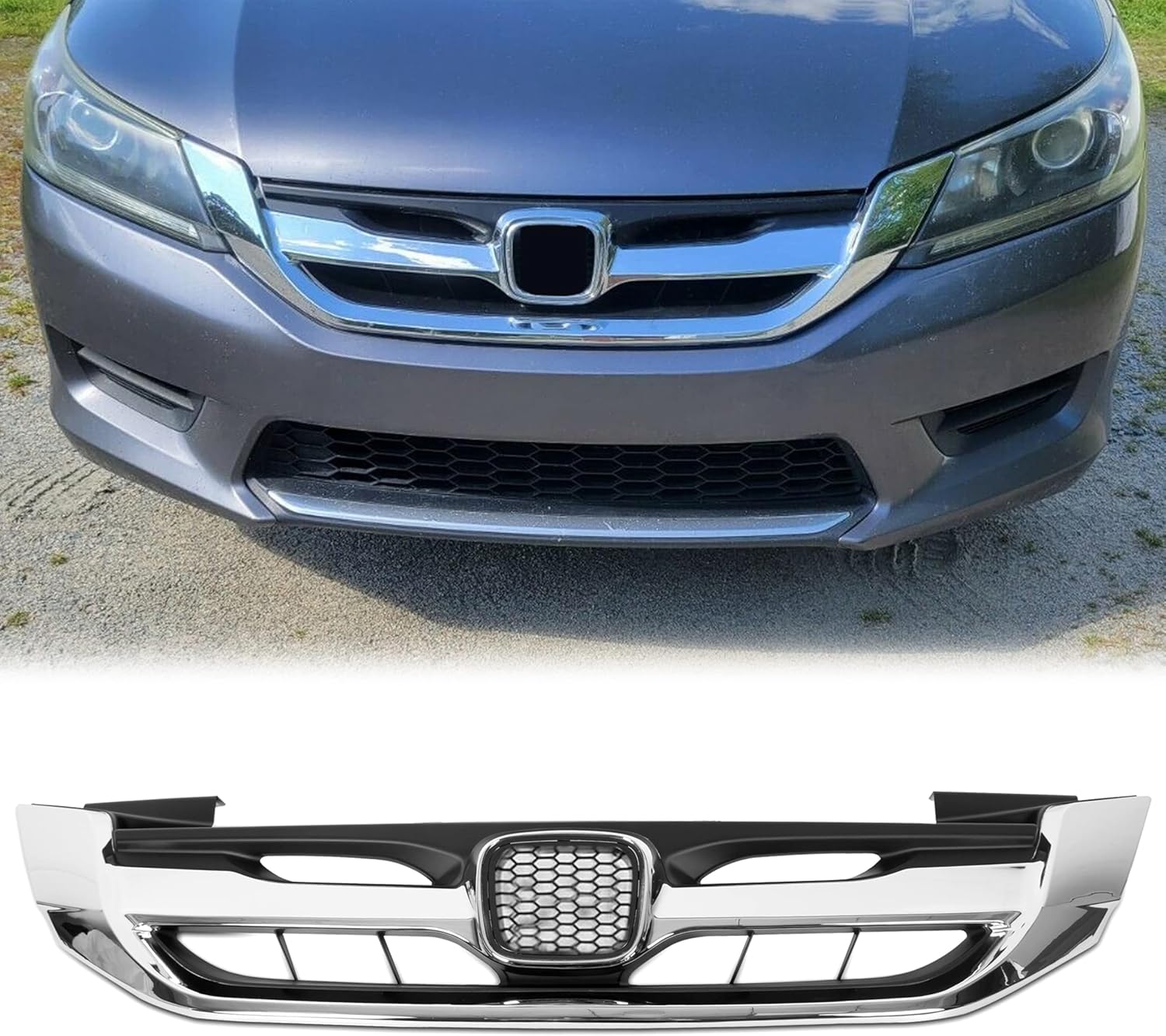 ECOTRIC Front Bumper Grille Compatible With 2013 2014 2015 Honda Accord 4 Door Sedan, Chrome Hood Mesh Grill Replacement for 71121T2FA01 HO1200214, JDM Mod Style
