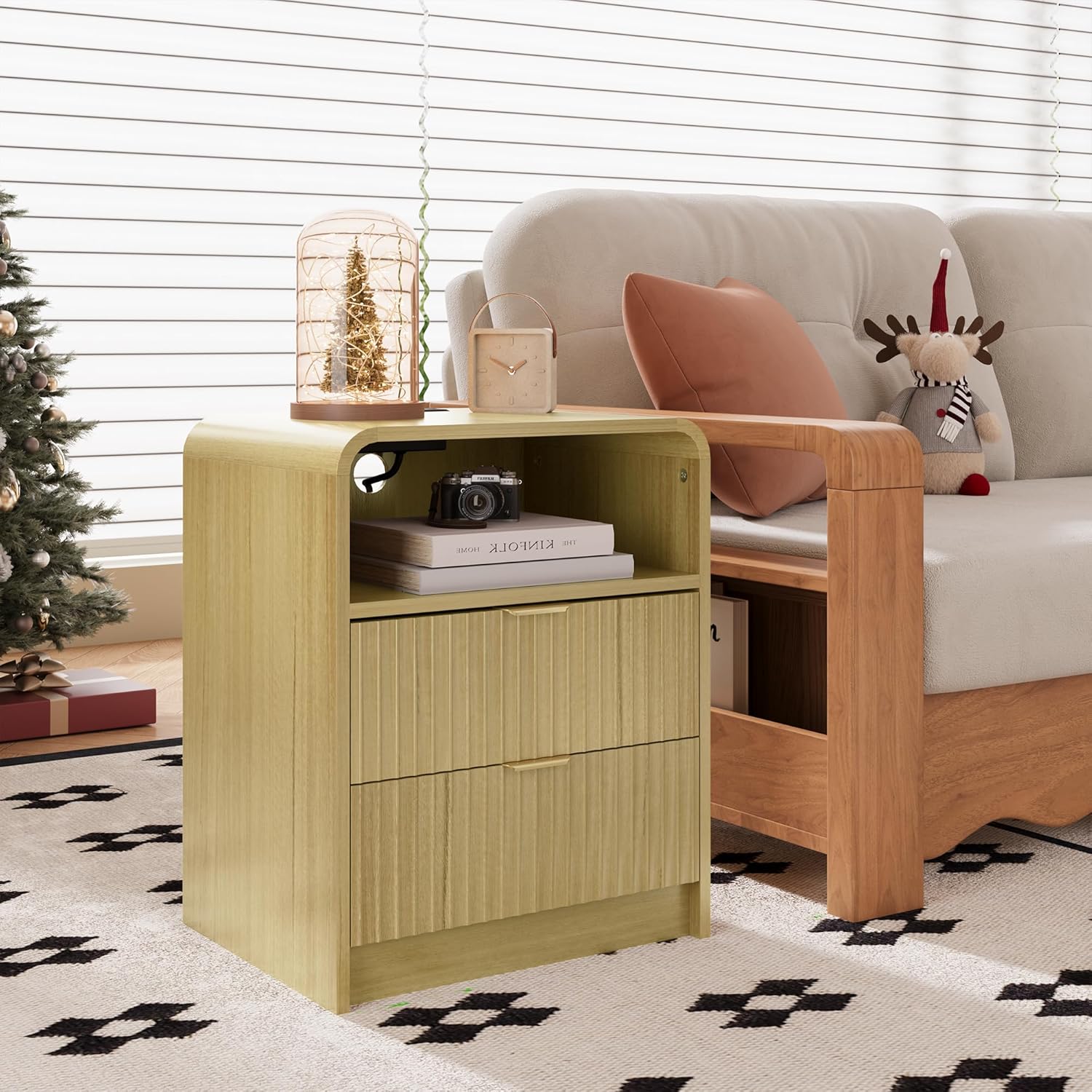 Fluted Nightstand with 2 Drawers, Nightstands with Charging Station, Narrow Bedside Table with Drawers, Fluted Nightstand for Bedroom (1, Oak Color)