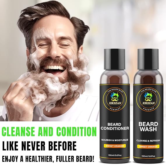 XIKEZAN Beard Wash & Beard Conditioner Natural Softener Set w/Argan & Jojoba Oils Smooths & Strengthens Christmas Stocking Stuffers Father Day Gifts for Men Him Dad Boyfriend Husband
