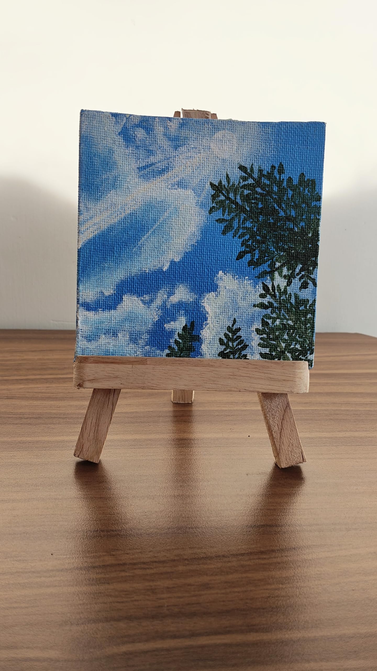 Mini Canvas Acrylic Painting with Wooden Easel, Blue Sky Nature Scene, 4x4 Inches Canvas, 6 Inches Display Stand, Home Decor Art-image-7