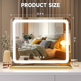 Hasipu Vanity Mirror with Lights, 22.8 x 18 LED Makeup Mirror, Lighted Makeup Mirror with Dimmable 3 Modes, Touch Screen Control Vanity Mirror Round Gold