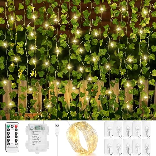 Nebuvark 16 Pack 112 FT Fake Ivy Vines - Artificial Ivy Garland with 200 LEDs String Lights, Faux Hanging Vines with Lights Green Leaves for Bedroom Room Wall Decor Wedding Party Table Decoration