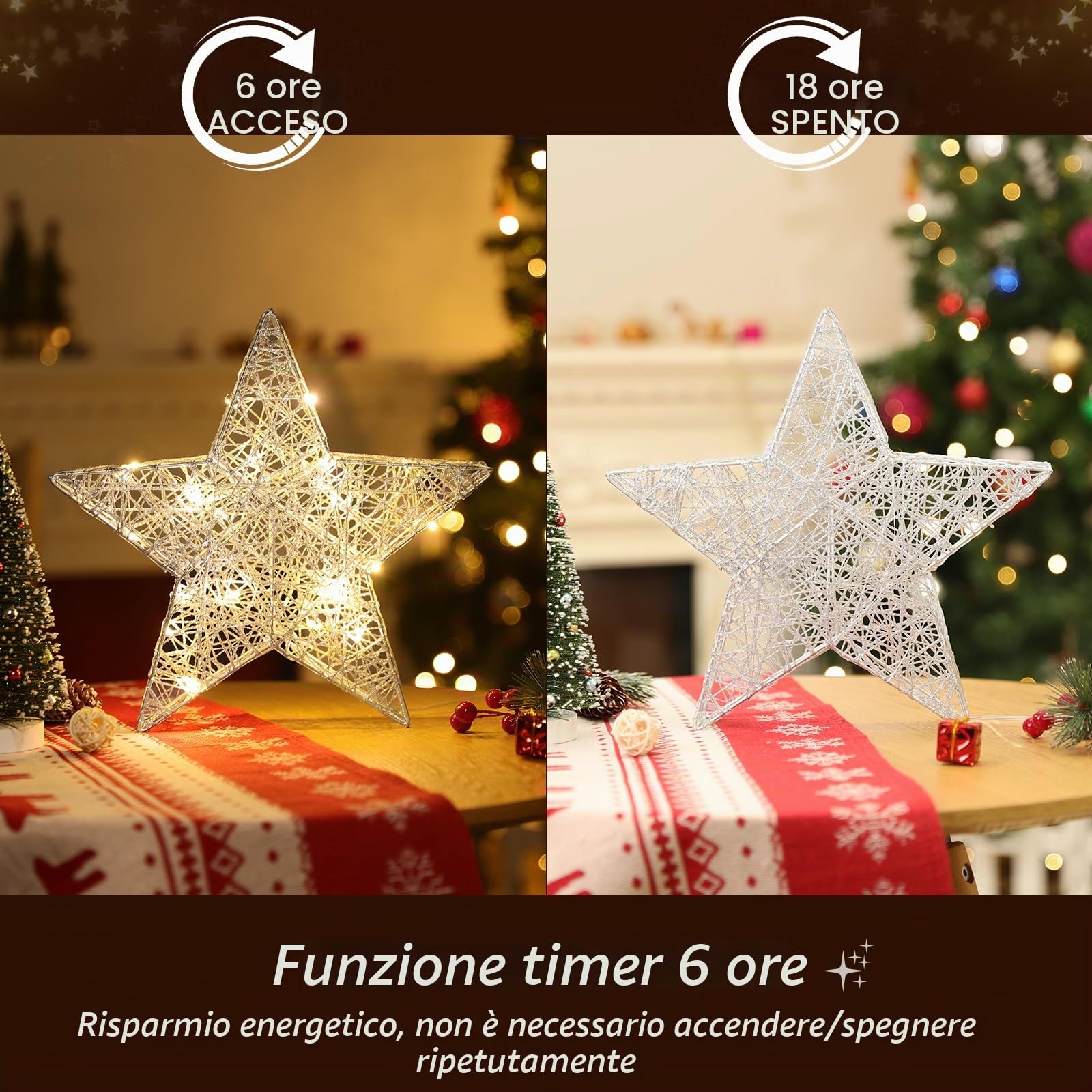 Lewondr Lampada Decorativa a Forma di Stella, Lampada da Scrivania a LED con Luce Calda Decorazione Natalizia per Interni Lampada da Tavolo per Camera da Letto e Soggiorno, Argento
