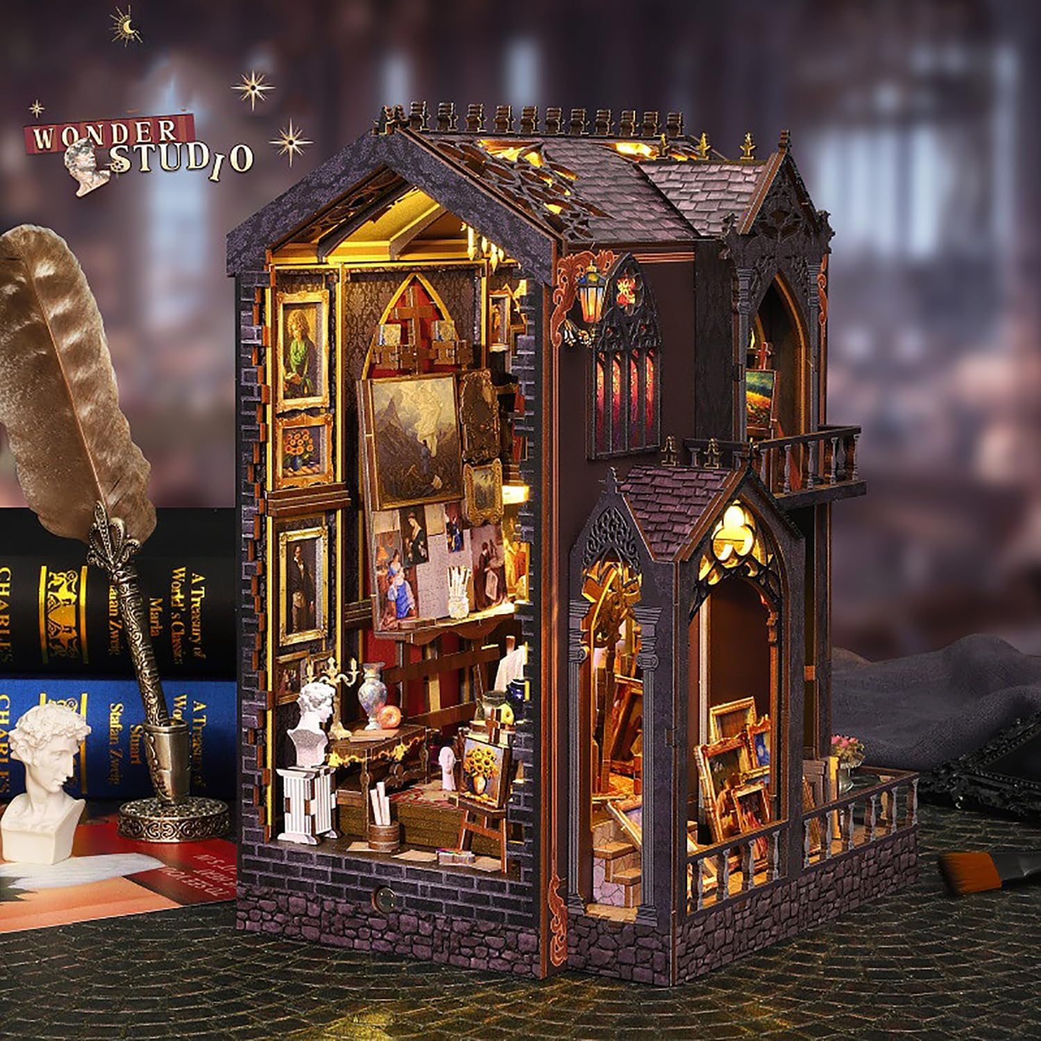 DIY Book Nook Kit - Miniature Dolls House Kit with Furniture and LED Light, 3D Puzzle Wooden Art Bookends, Model Kits for Adults to Build (Wonderful Studio)