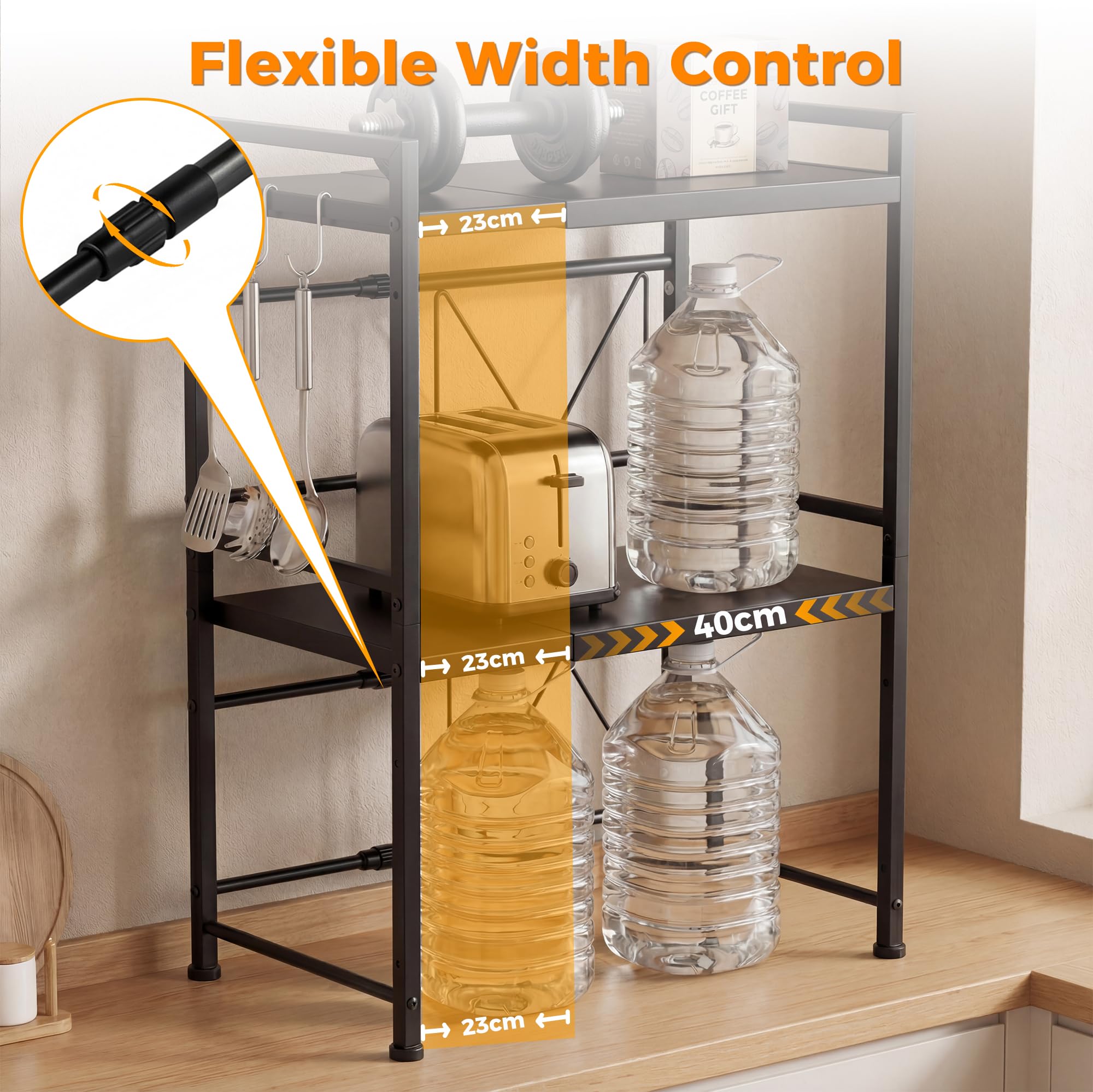 Supporto da forno a microonde estensibile, organizer da cucina a 2 livelli con 3 ganci, ripiano in acciaio al carbonio, capacità di peso di 55 LB, nero (2 livelli)