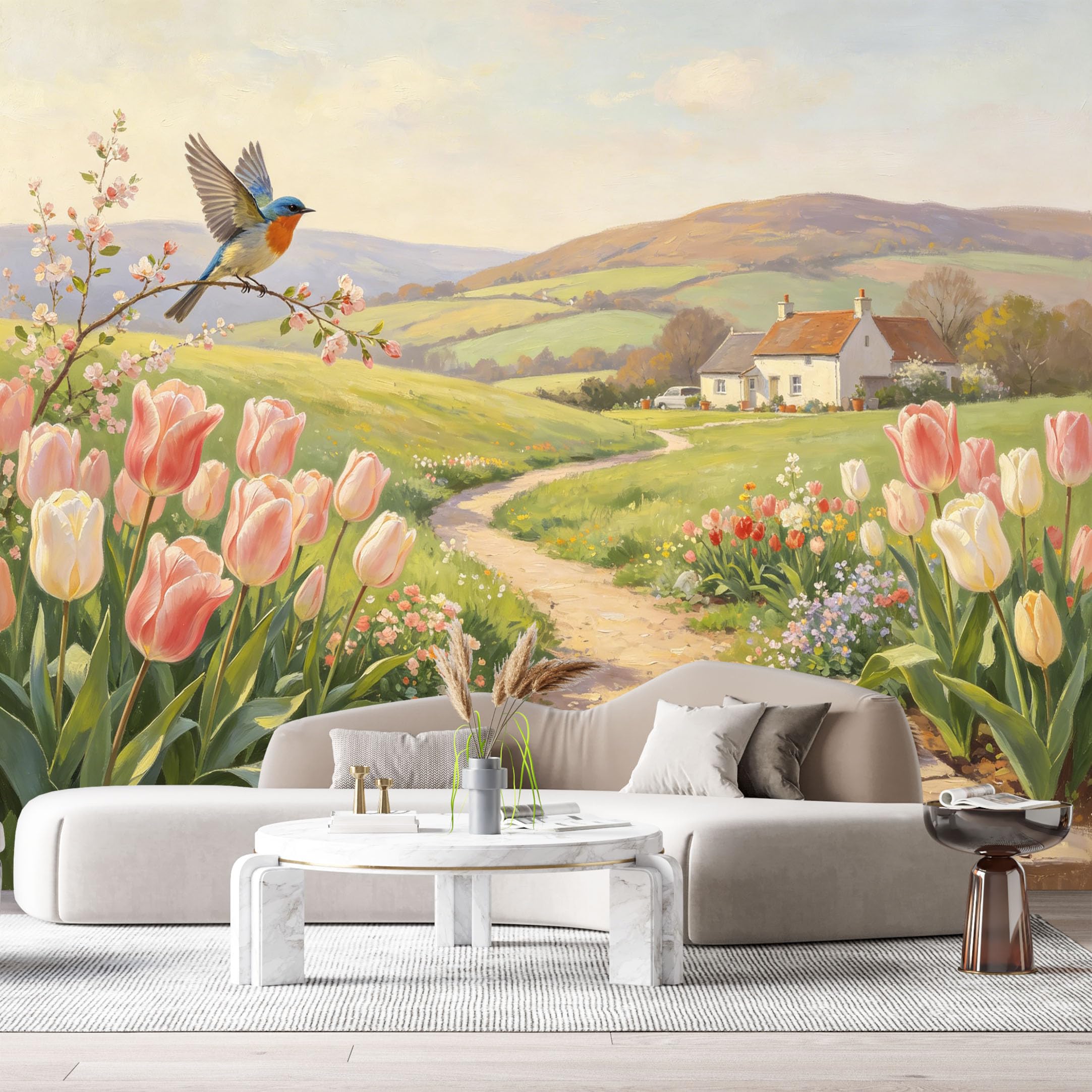 Custom Size Wall Murals Farmhouse American Country Oil Painting Bird Tulip Path Squirrel SelfAdhesive Wall Fabric Removable Large Wallpaper for Photo Living Room