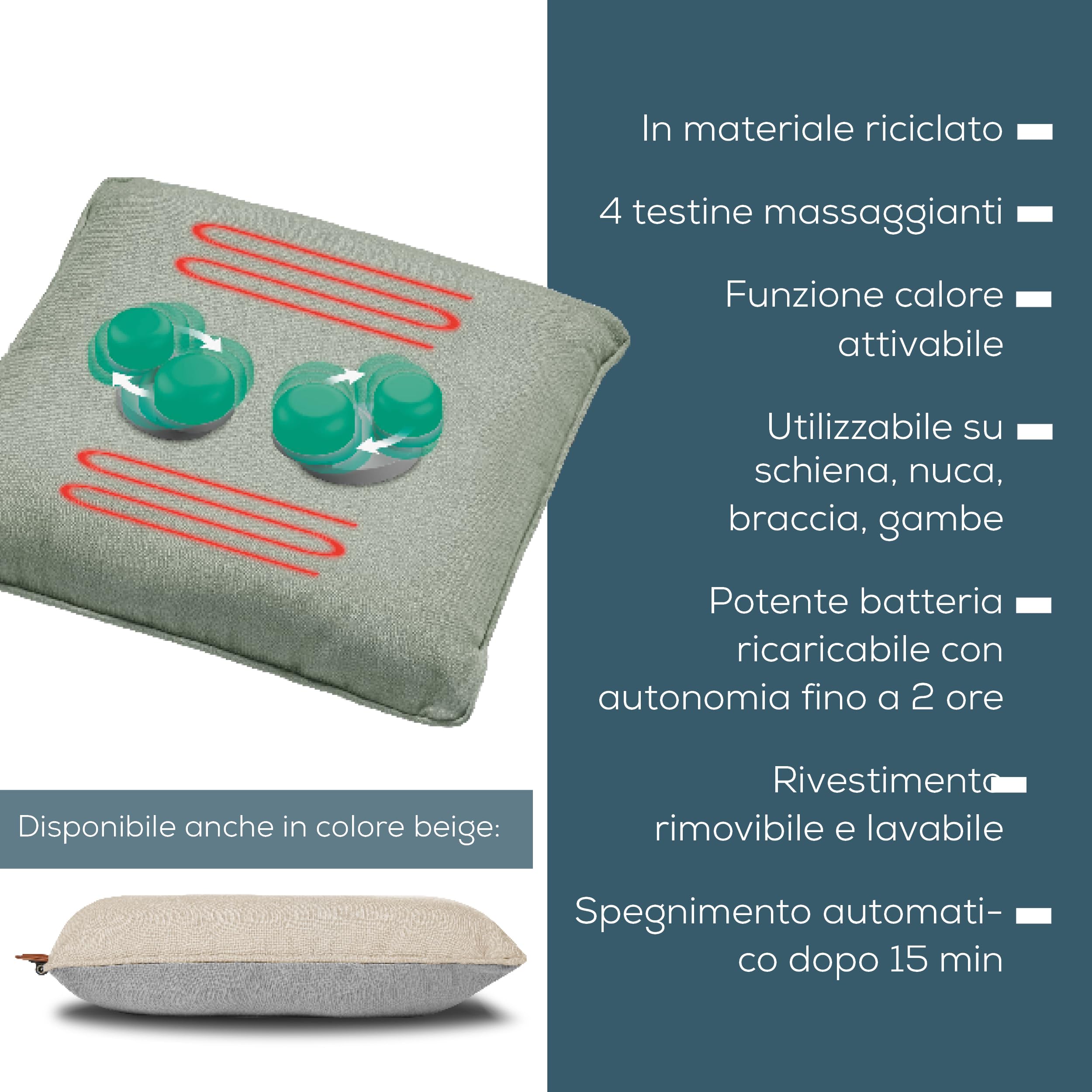 Cuscino massaggiante Beurer MG 139 a batteria con funzione calore attivabile, massaggio Shiatsu, realizzato in materiale riciclato, lavabile in lavatrice, spegnimento automatico, 40x40 cm, verde menta