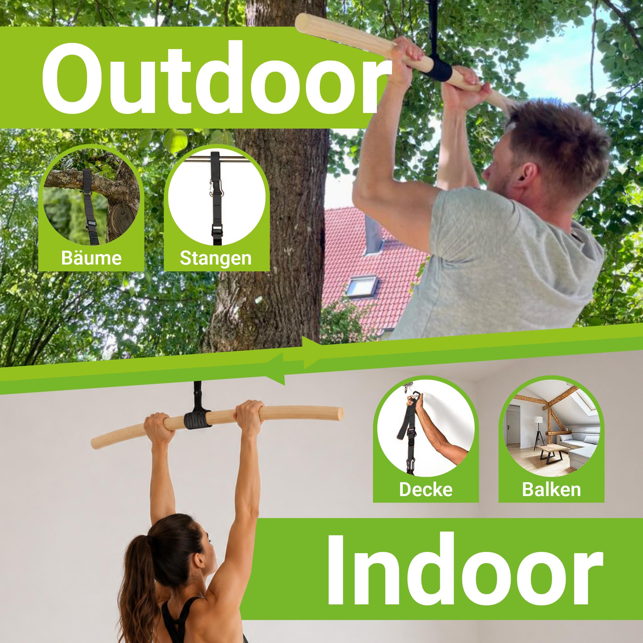 eaglefit - Premium Klimmzugstange aus Holz 100 cm - Ergonomisch gebogene Pull Up Bar für Decke, Garten & Baum - Reckstange Outdoor & Indoor für Klimmzüge - Verstellbar zum Aufhängen inkl. Zubehör