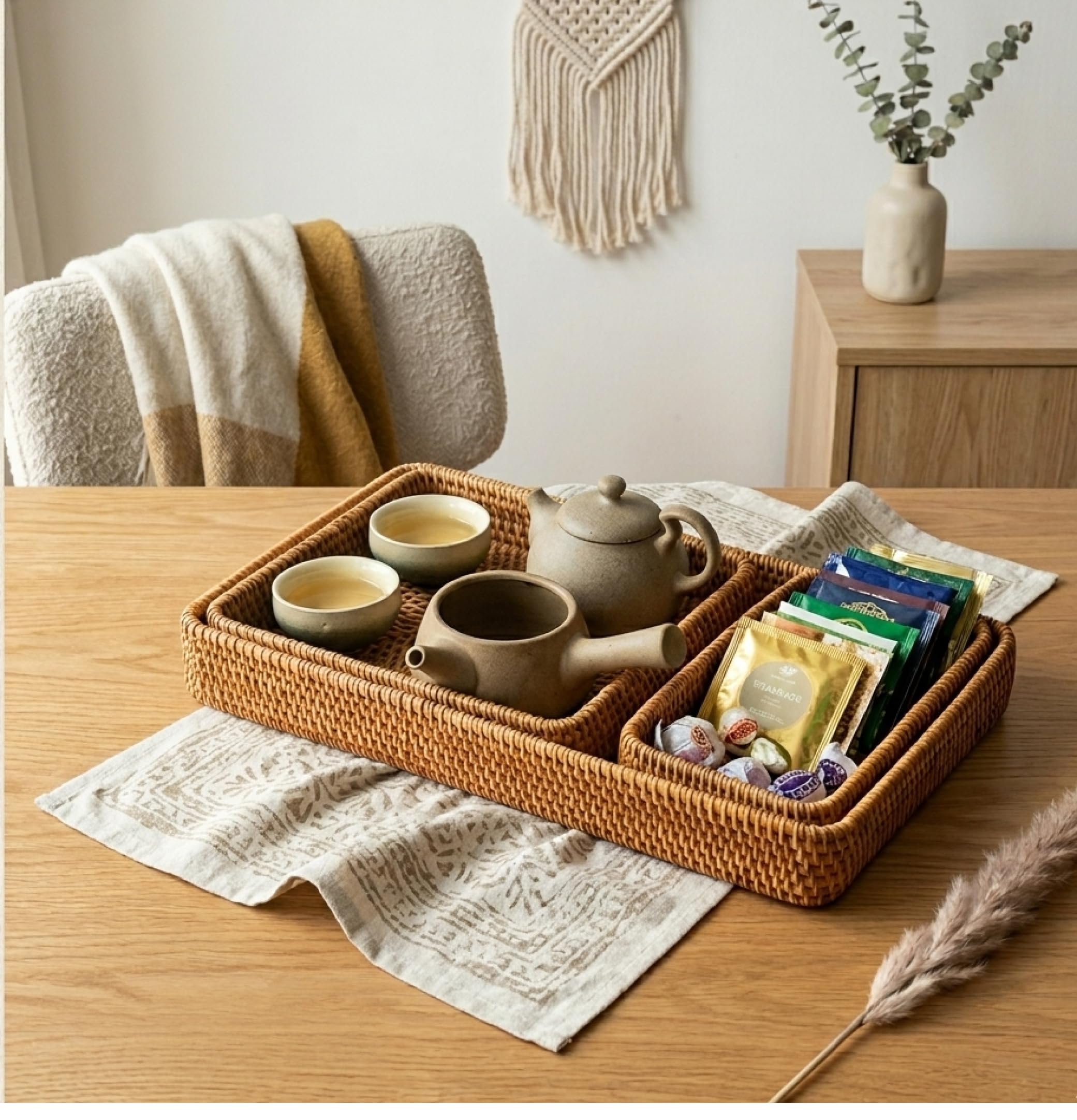 Vassoio da Portata in Rattan, Vassoio Rettangolare Intrecciato, Vassoio Cestino in Vimini Naturale per Organizzare il Bancone Della Cucina da Tavolo, Set di 3