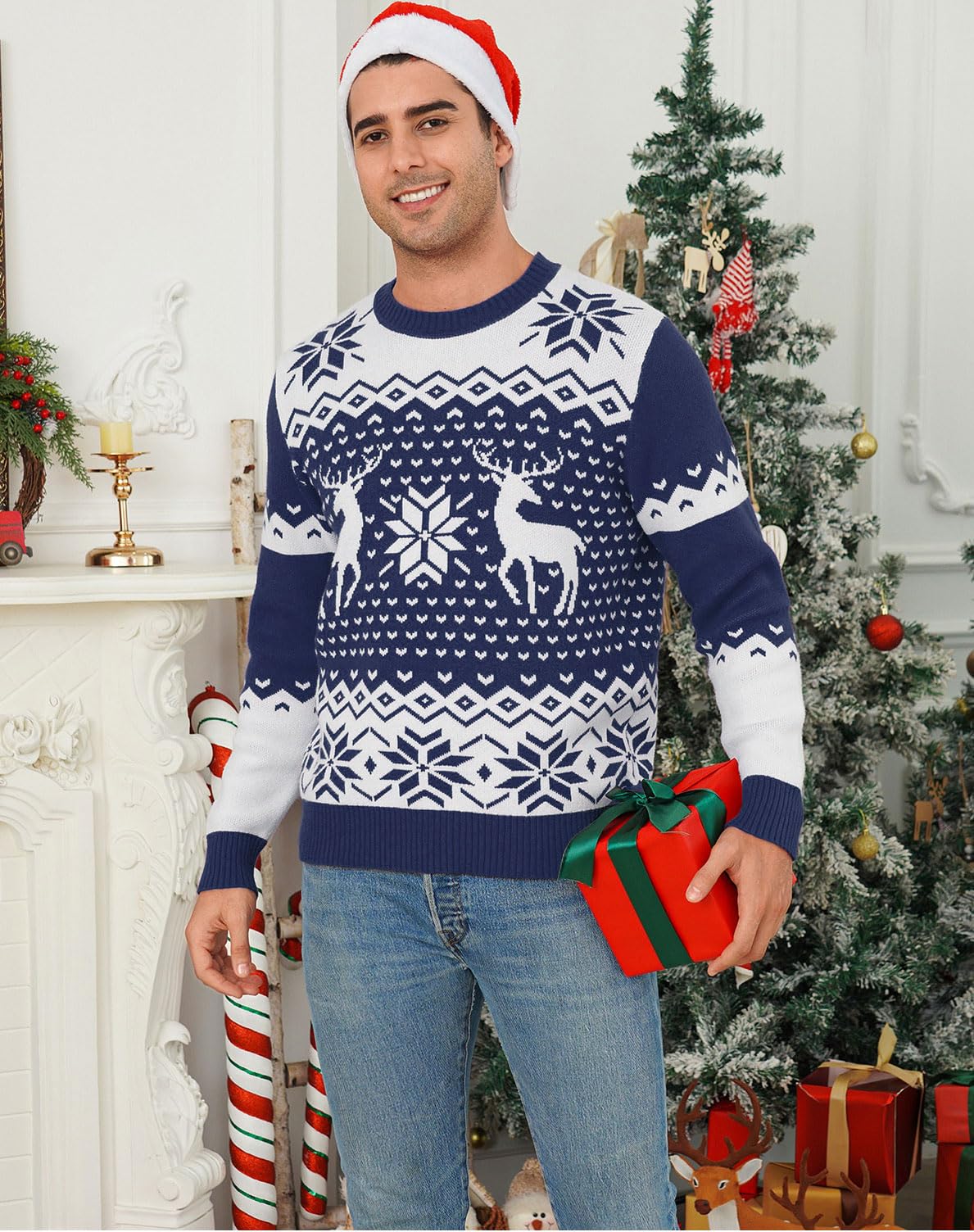 Demegimi Maglioni Natalizi Pullover Natale Maglietta a Manica Lunga Uomo Maglione Natalizio Fiocco Neve Alce Girocollo Uomo a Maniche Lunghe Maglione Festa Natale